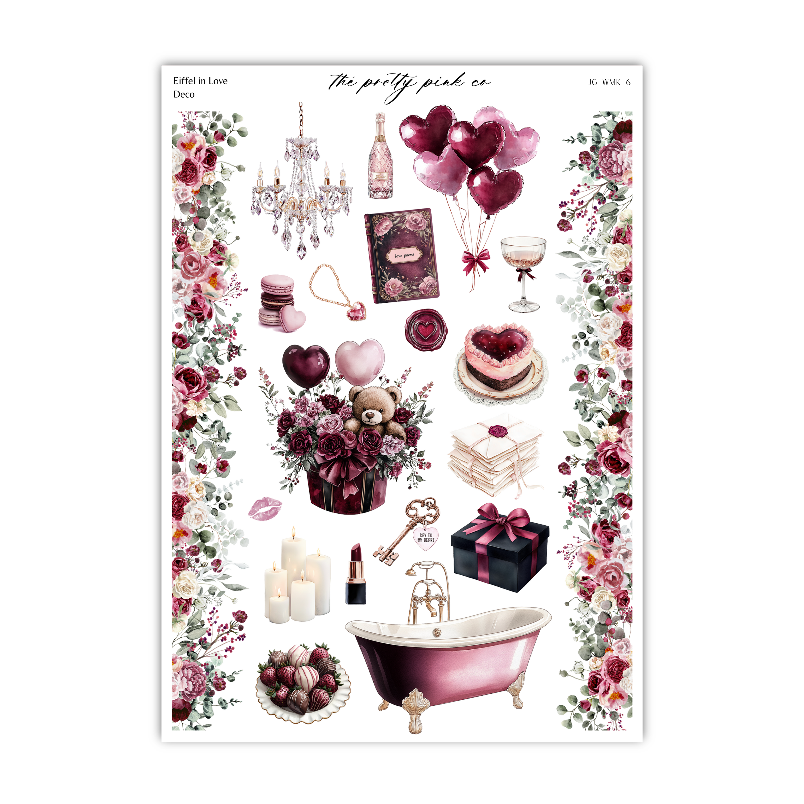 a sticker sheet with a bathtub, roses and other items