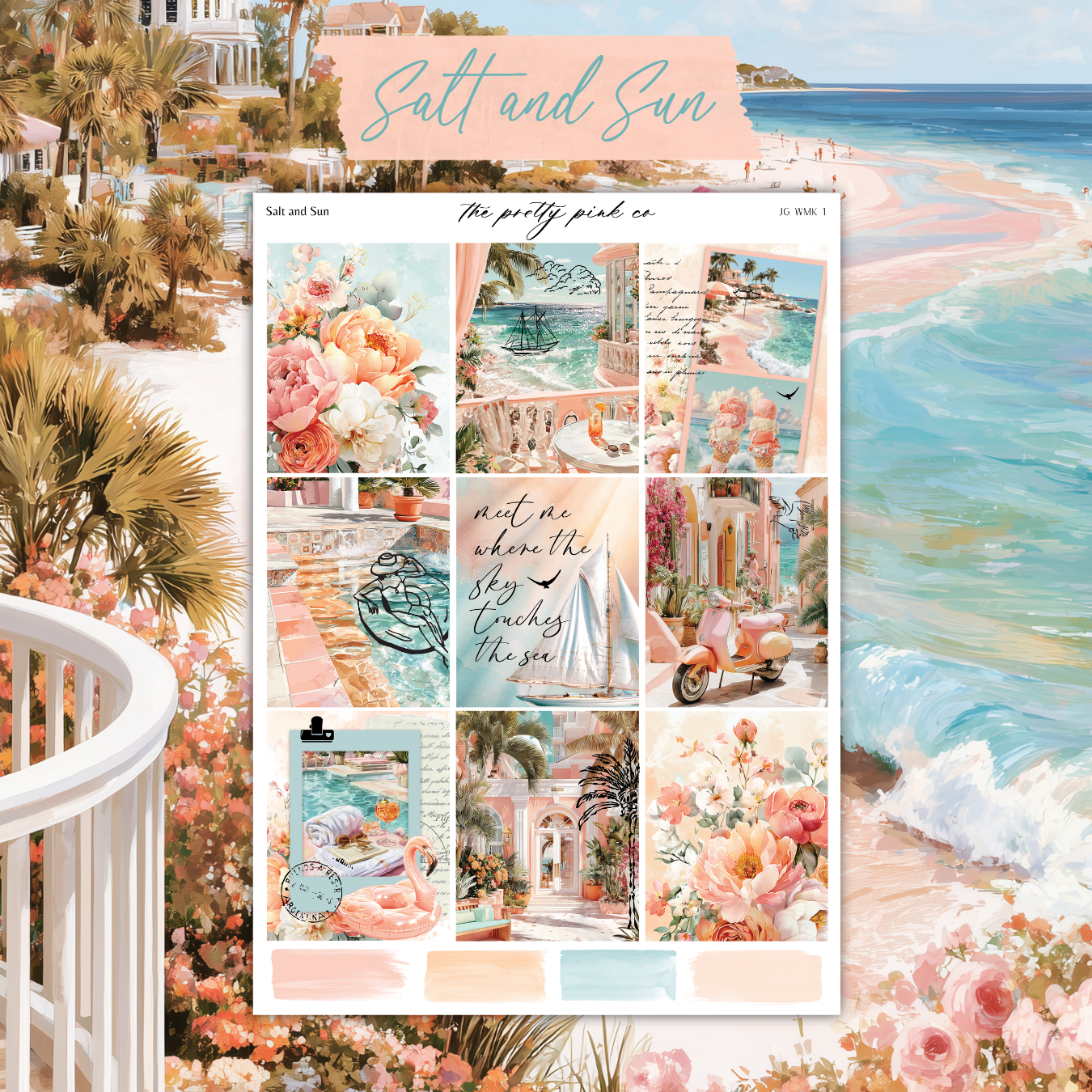The image is a collage of various pictures depicting a beach scene with palm trees, flowers, and a clear blue sky.