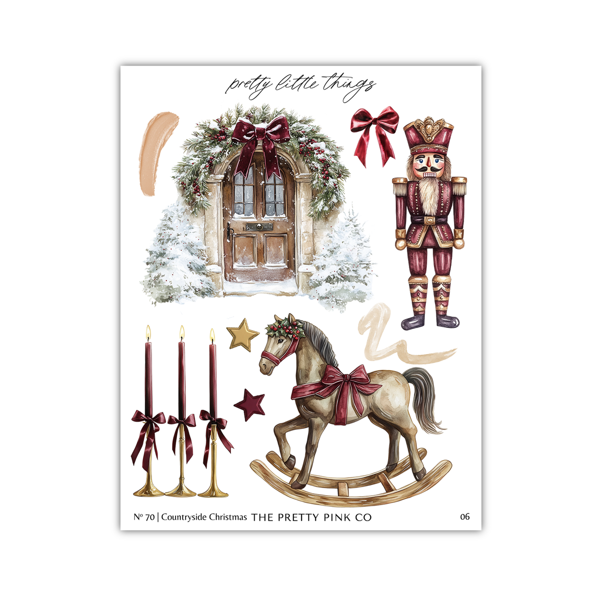 The image is a collage of various Christmas-themed elements, including a nutcracker, a rocking horse, a door, a tree, and candles.