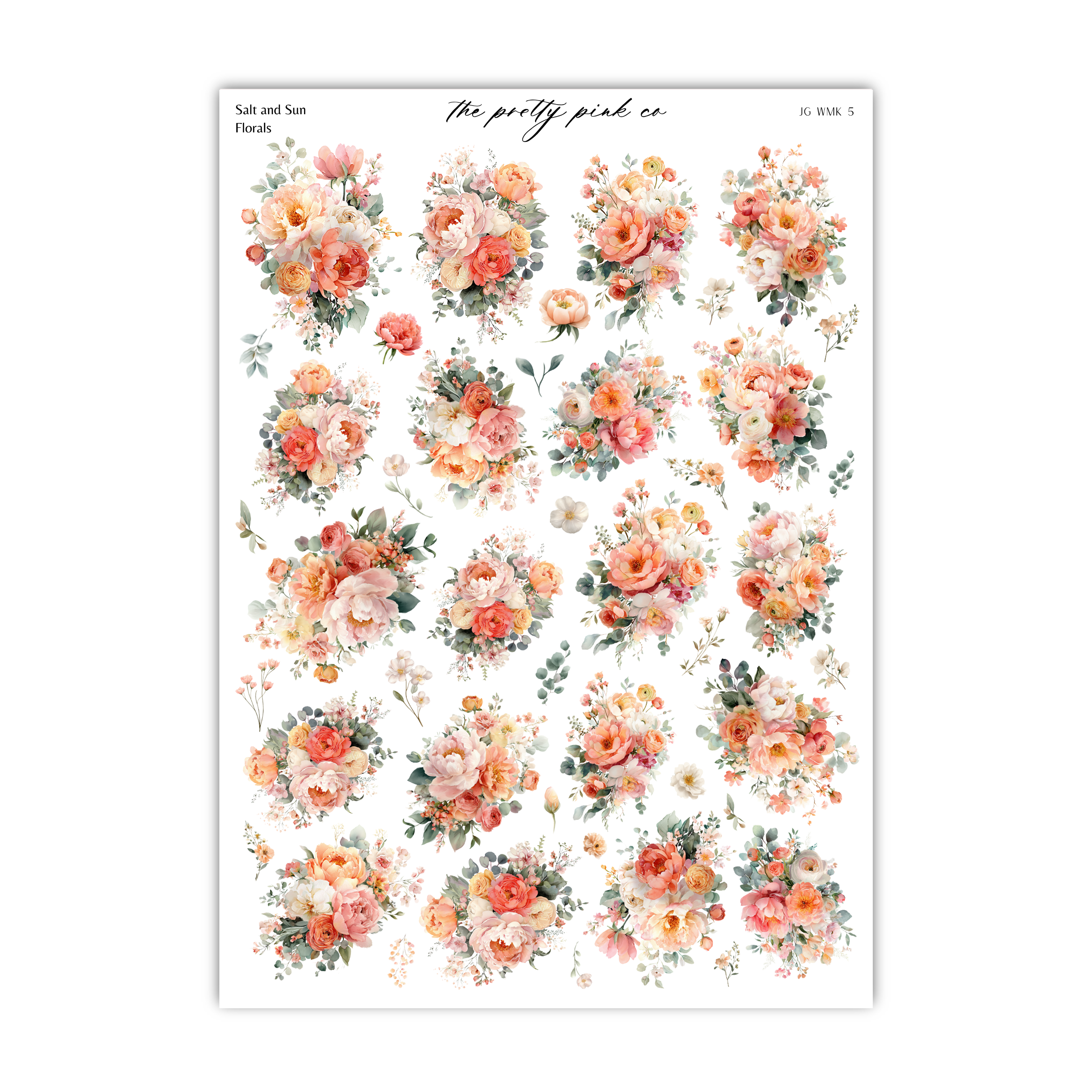 a collection of floral designs, including various types of flowers and plants, arranged in a grid-like pattern. The designs are predominantly in shades of pink and orange, creating a visually appealing and vibrant display.
