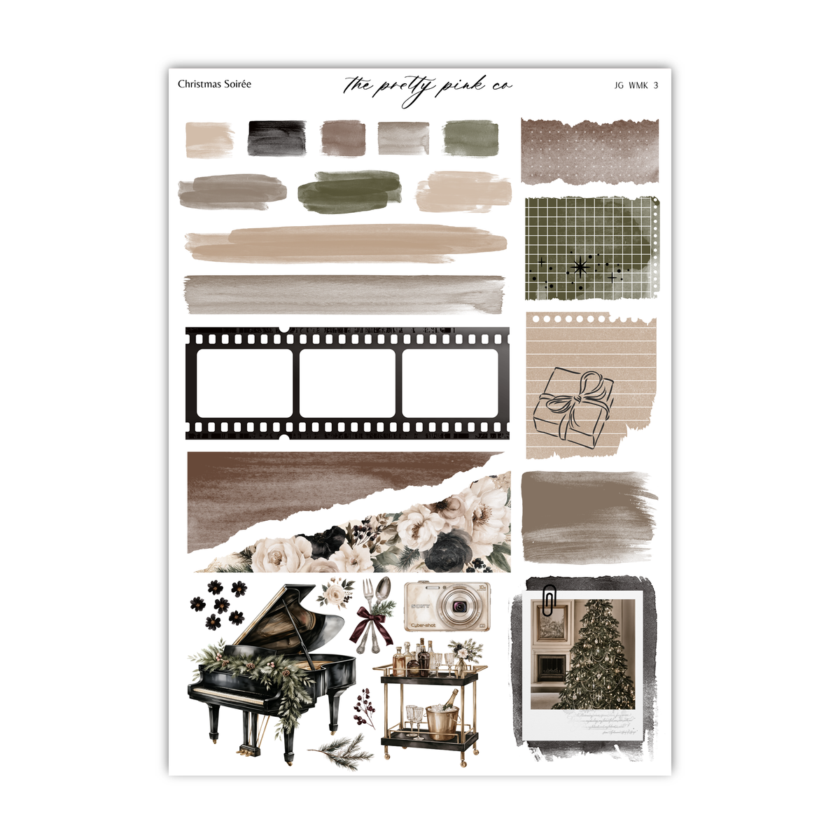 The image is a collage of various elements, including a piano, a film strip, a Christmas tree, and other decorative items.