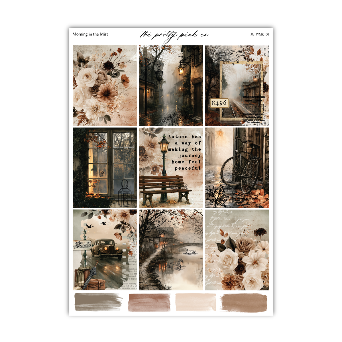 The image is a collage of nine different images, each depicting various scenes and elements related to autumn, such as trees, flowers, a bench, and a bicycle. The collage is titled "Morning in the Mist" and includes a quote about the beauty of autumn.