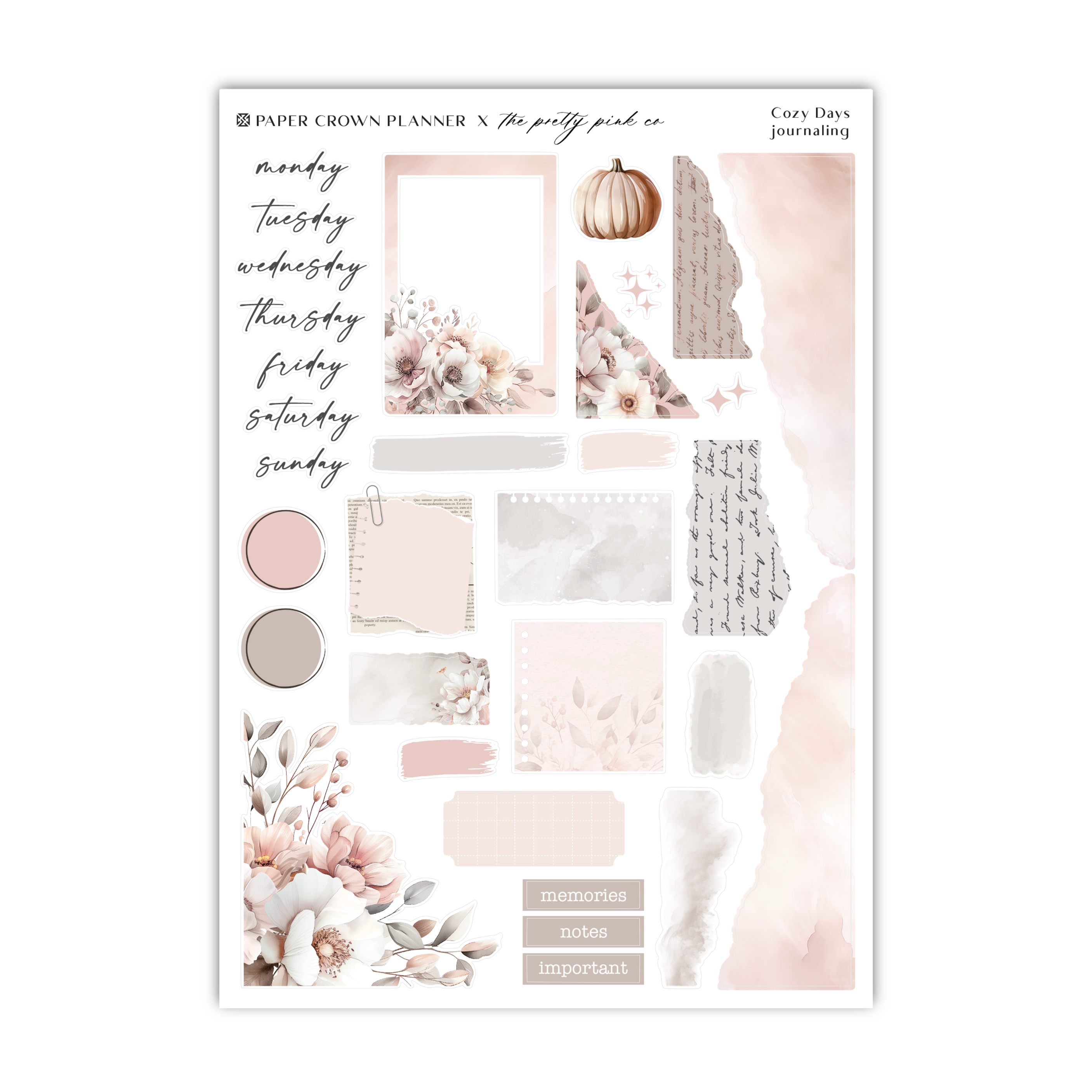 a sticker sheet with pink and white flowers