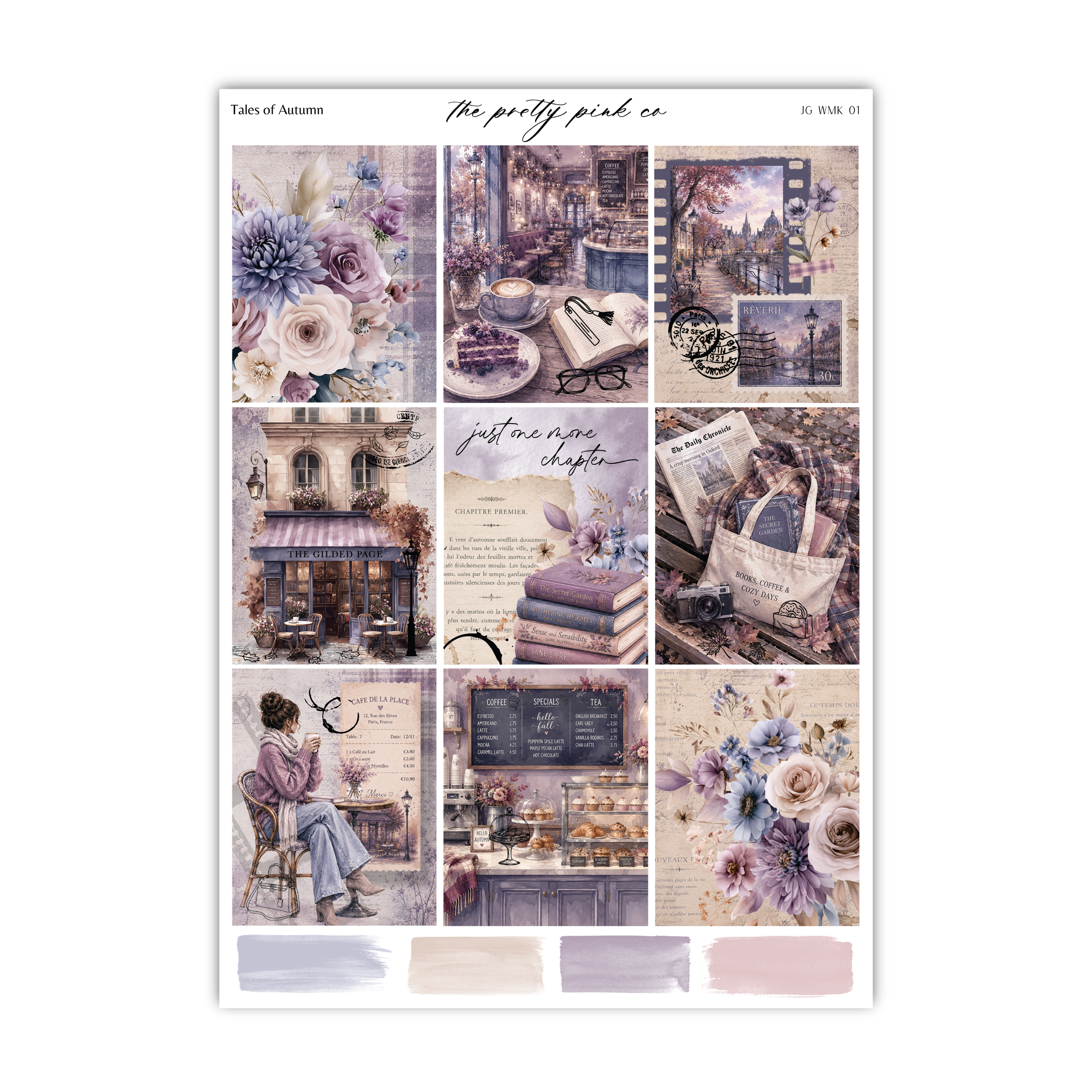 The image is a collage of various artistic and decorative elements, including floral arrangements, books, and other decorative items, all set against a purple and pink color palette.