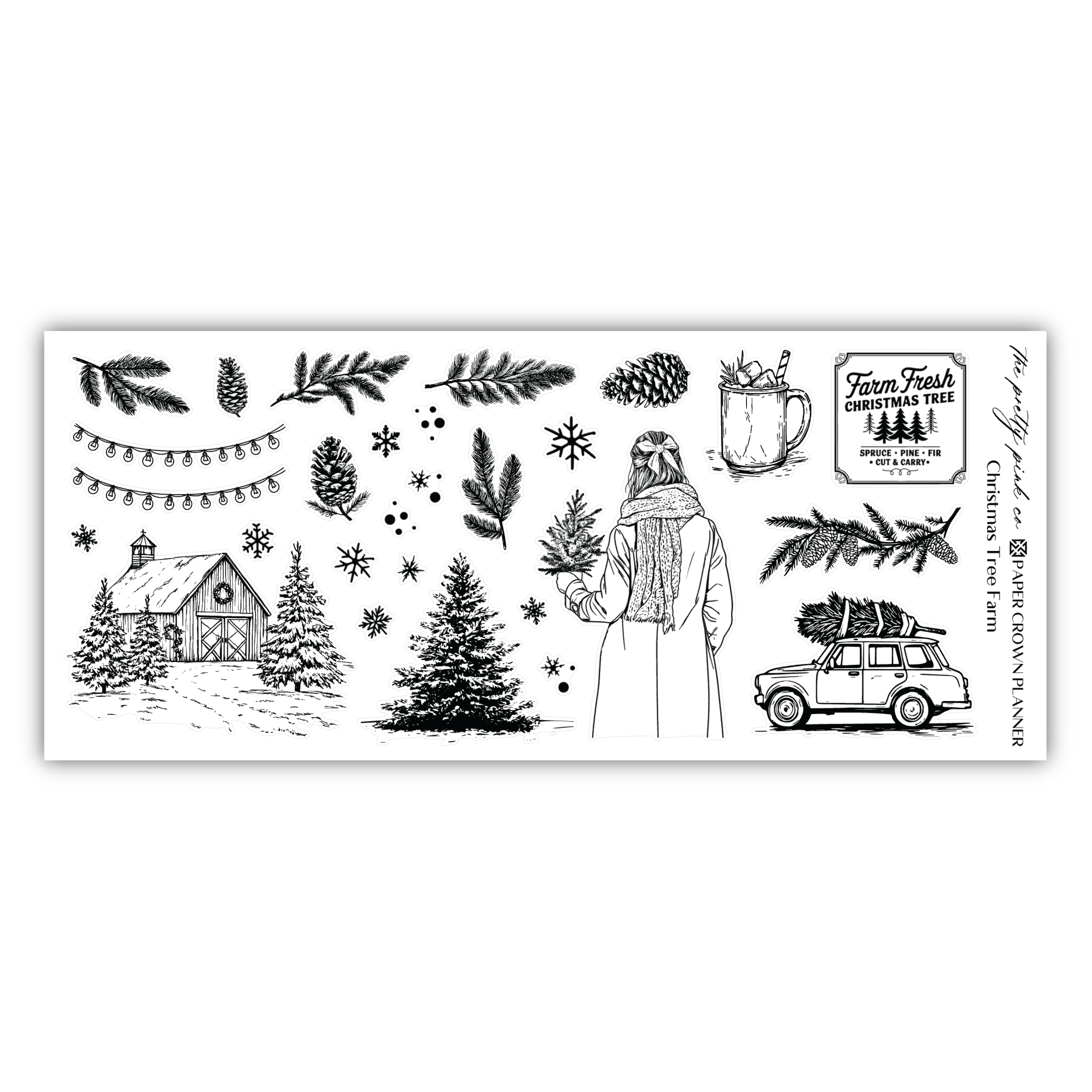 a stamp of a christmas scene with a car and trees