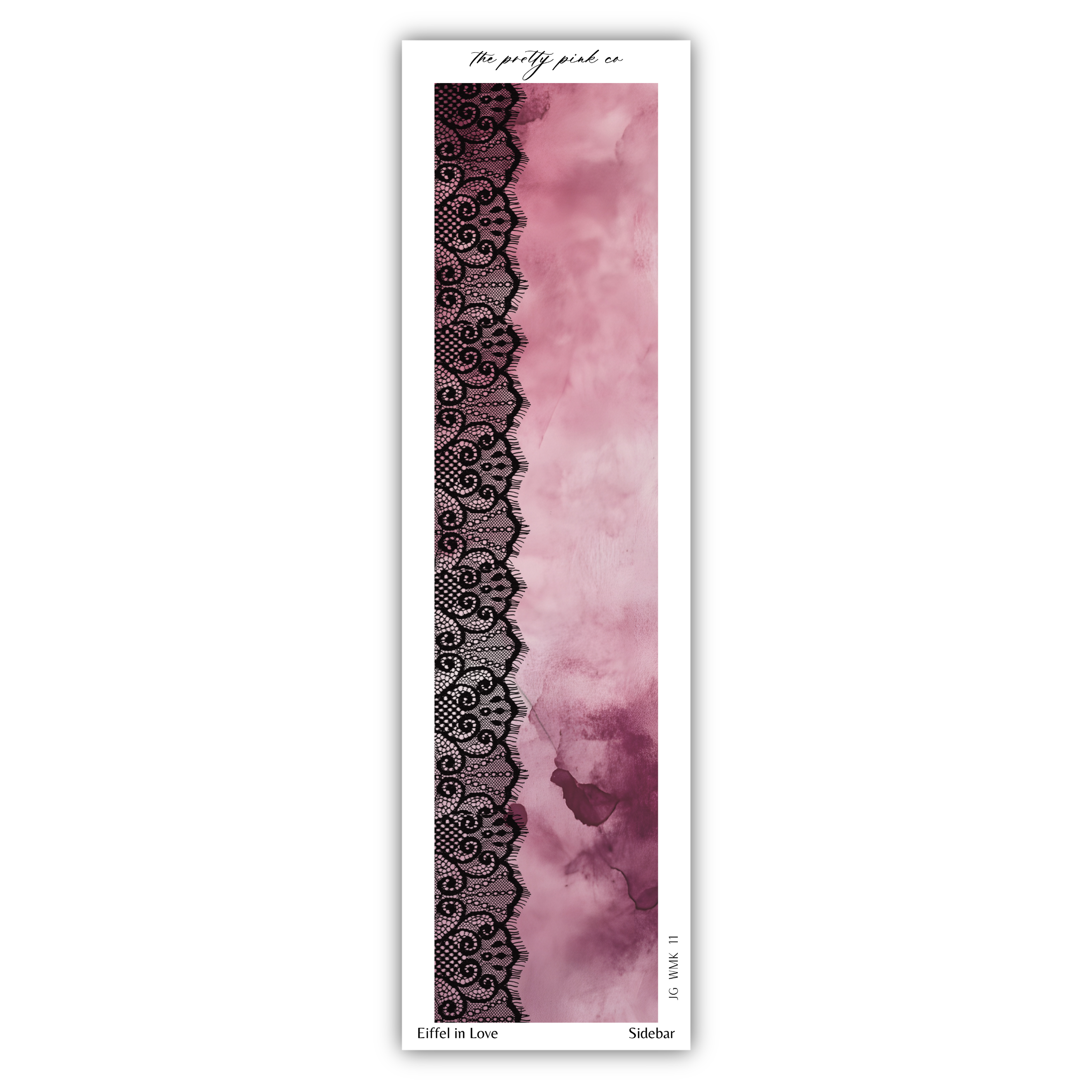 a pink and black bookmark with a lace border