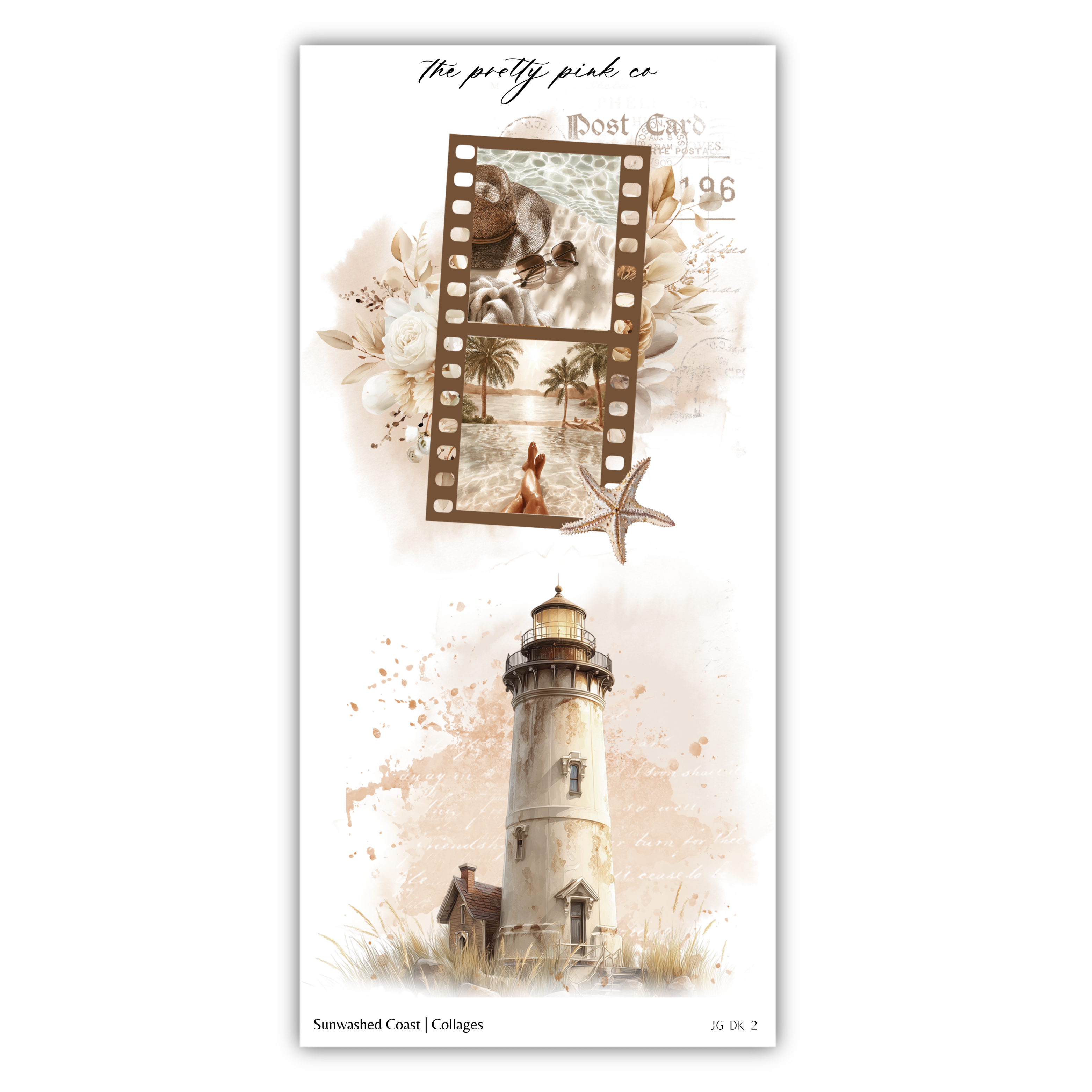 The image is a collage featuring a lighthouse, a person, and a film strip with a beach scene.