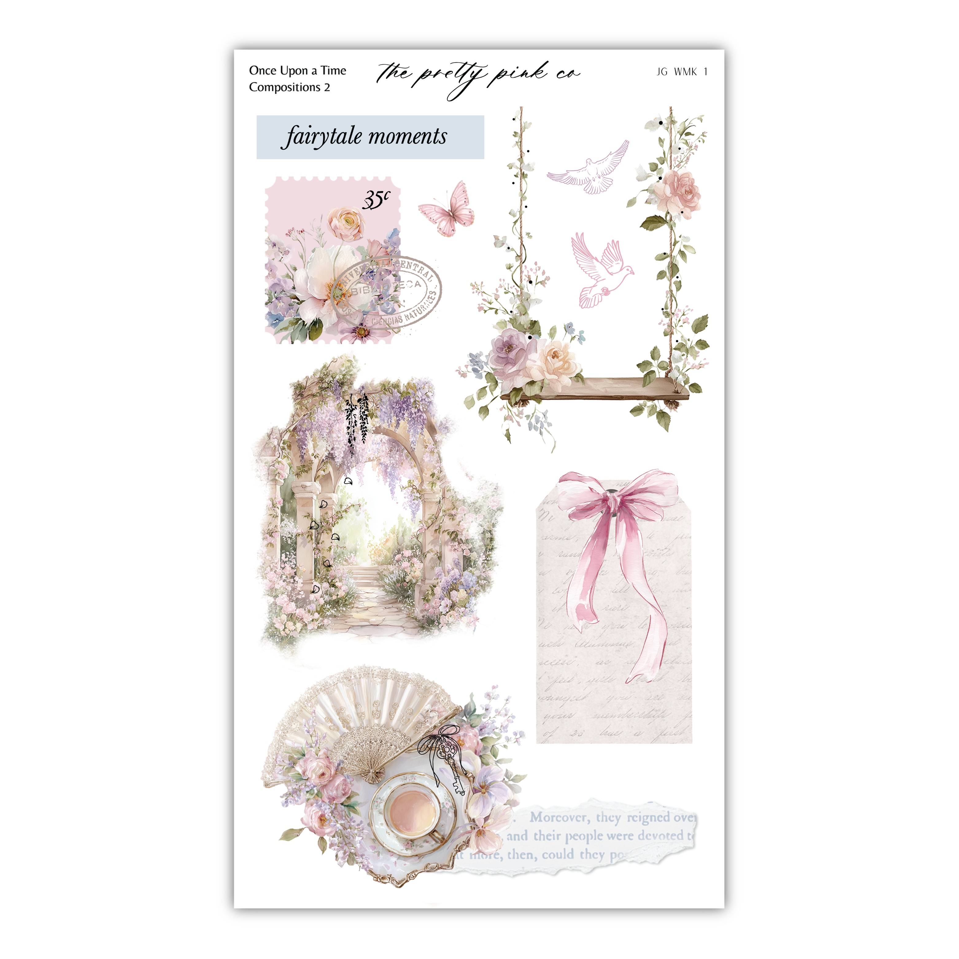 The image is a collage of various decorative and floral elements, including a swing, a fan, a teapot, and a bouquet of flowers. The collage is titled "Once Upon a Time - The pretty pink co - Compositions 2 - Fairytale moments" and includes a total of 35 images.