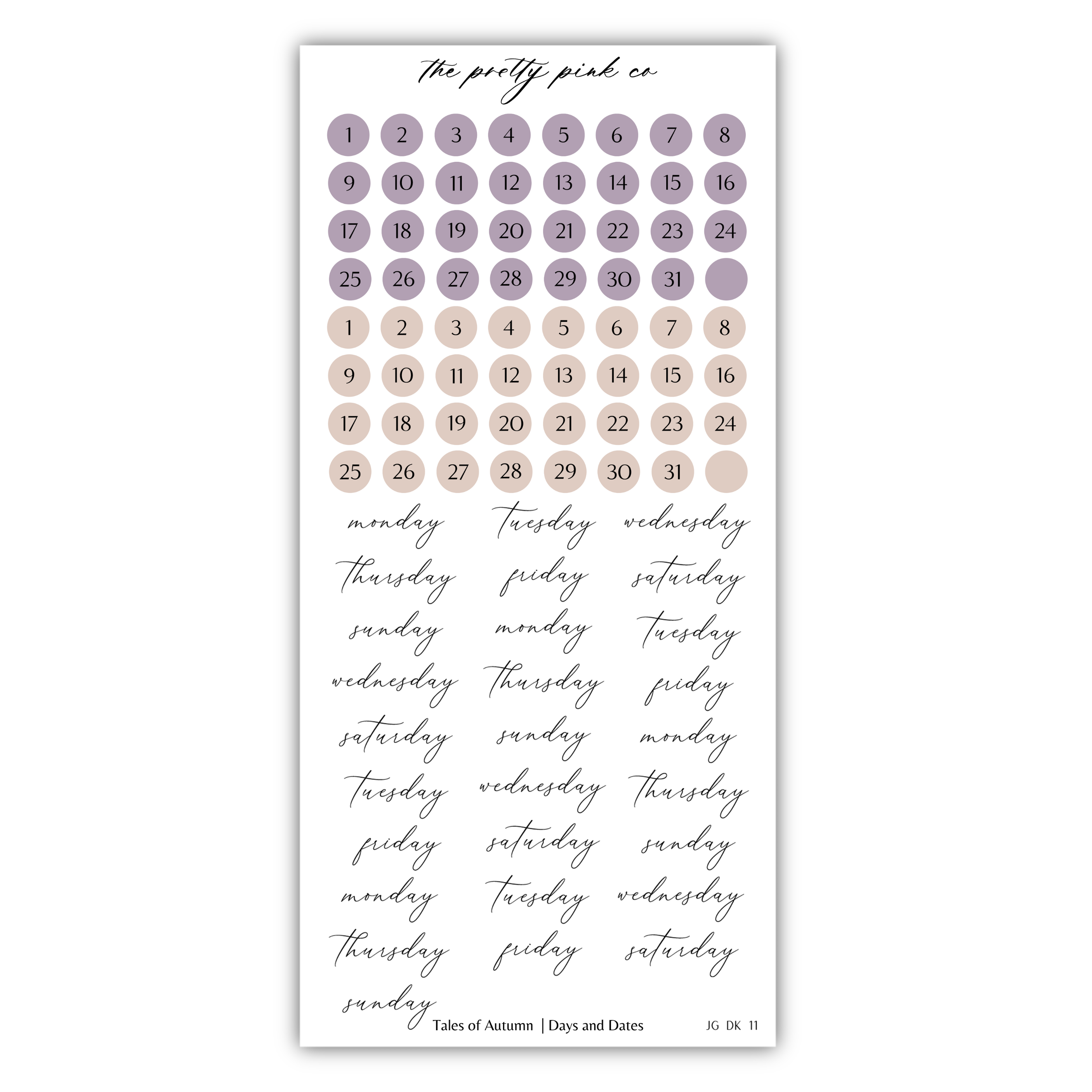 a calendar with days of the week and dates, as well as a list of days of the week and dates. The calendar is organized in a grid format with purple circles representing the days of the week and numbers representing the dates. The list of days of the week and dates is written in a cursive font and is arranged in a column format. The image does not contain any text that can be described in more detail, and it does not include any specific details about the content or purpose of the image.