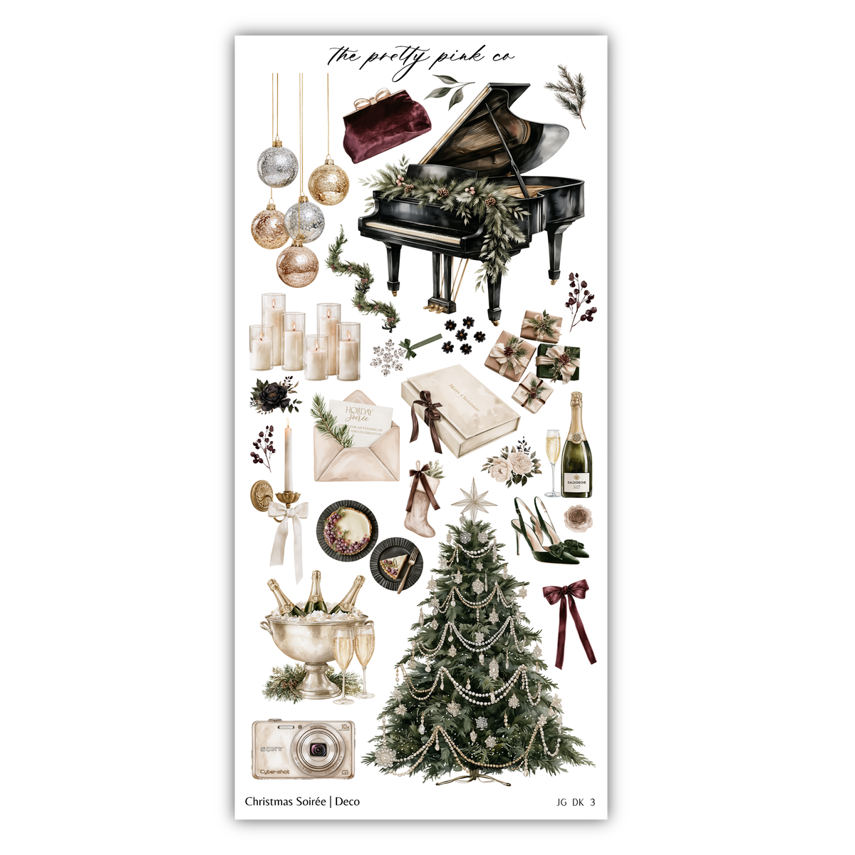 The image is a collage of various Christmas-themed items, including a grand piano, ornaments, a Christmas tree, champagne glasses, and other festive decorations.