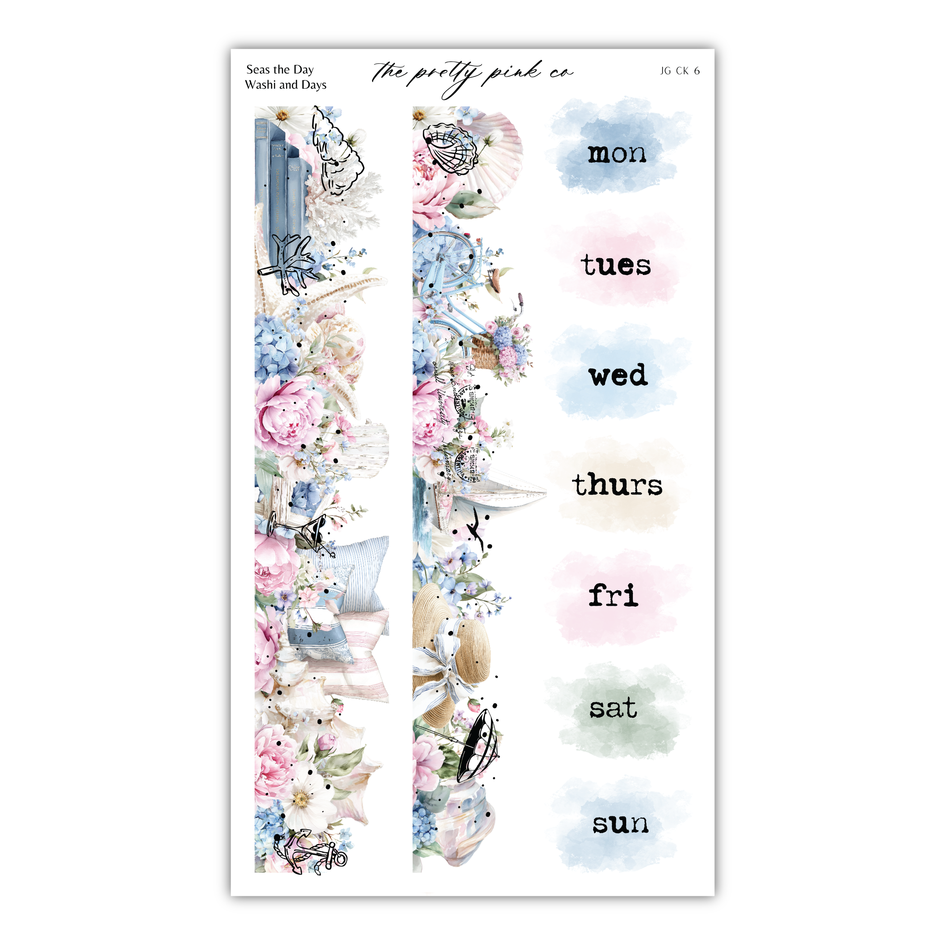 The image is a vertical strip of text with the days of the week written in a vertical format, surrounded by various floral and decorative elements.