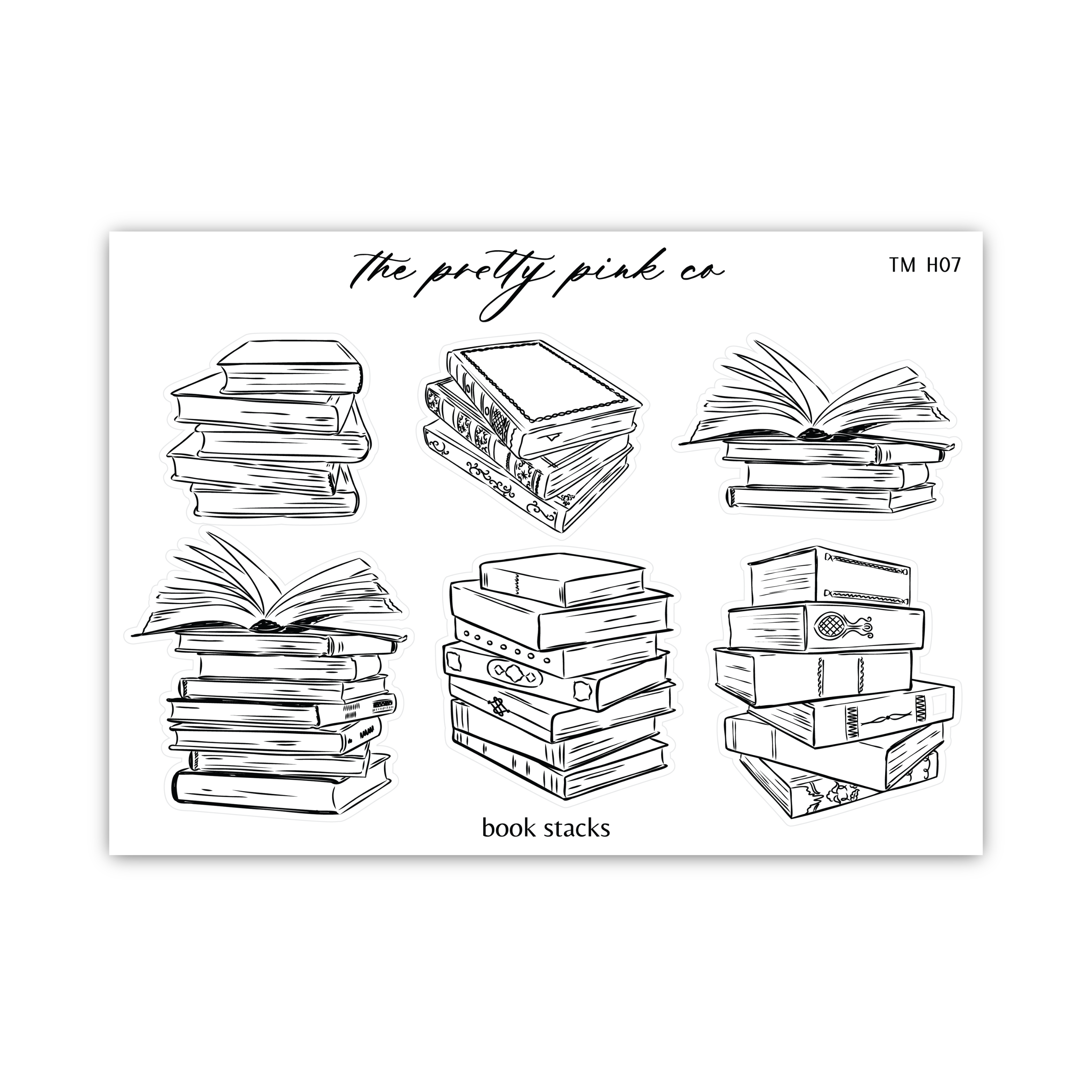 a black and white drawing of a stack of books
