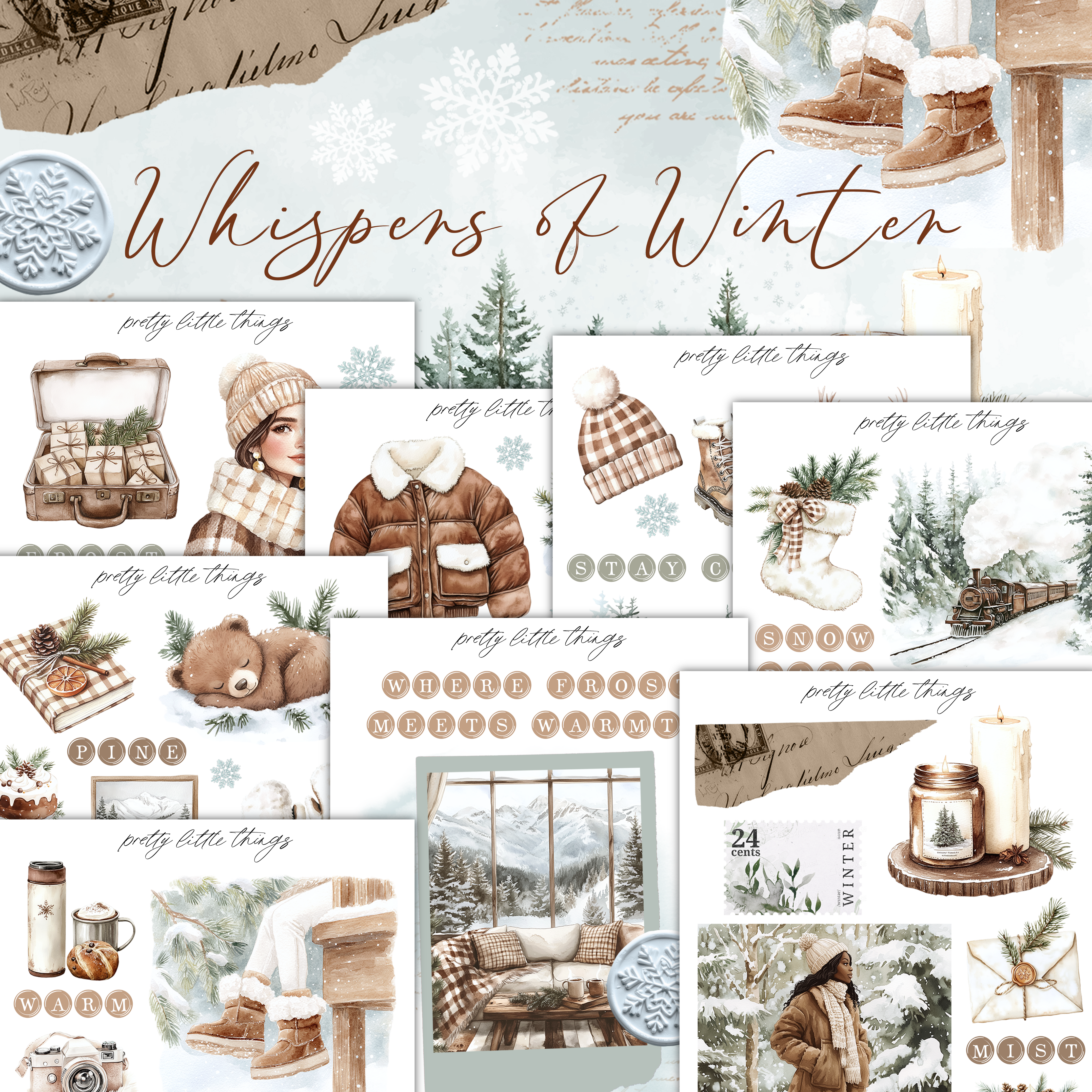 The image is a collage of various winter-themed illustrations and objects, including a suitcase, boots, a candle, pine trees, and snow. The collage is titled "Whispers of Winter" and includes phrases like "proud little things" and "proud little things" in the image descriptions.