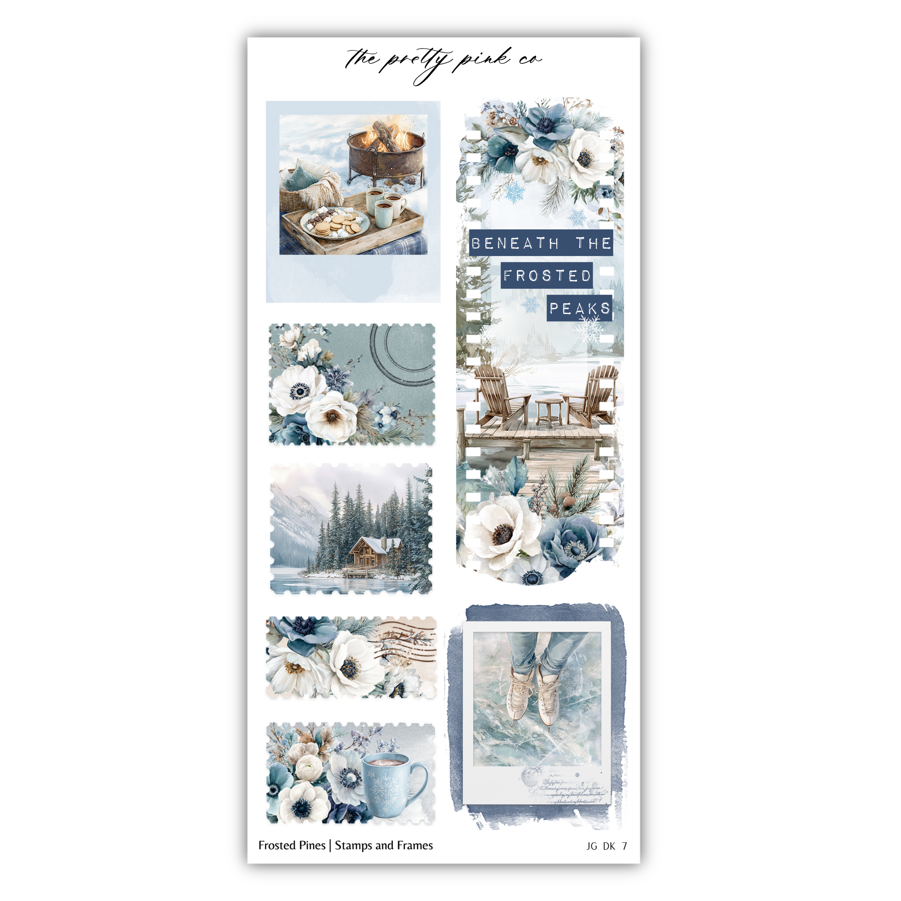 The image is a collage of various winter-themed images, including a snowy landscape, a cabin, and floral arrangements. The collage is titled "The pretty pink co" and includes stamps and frames.