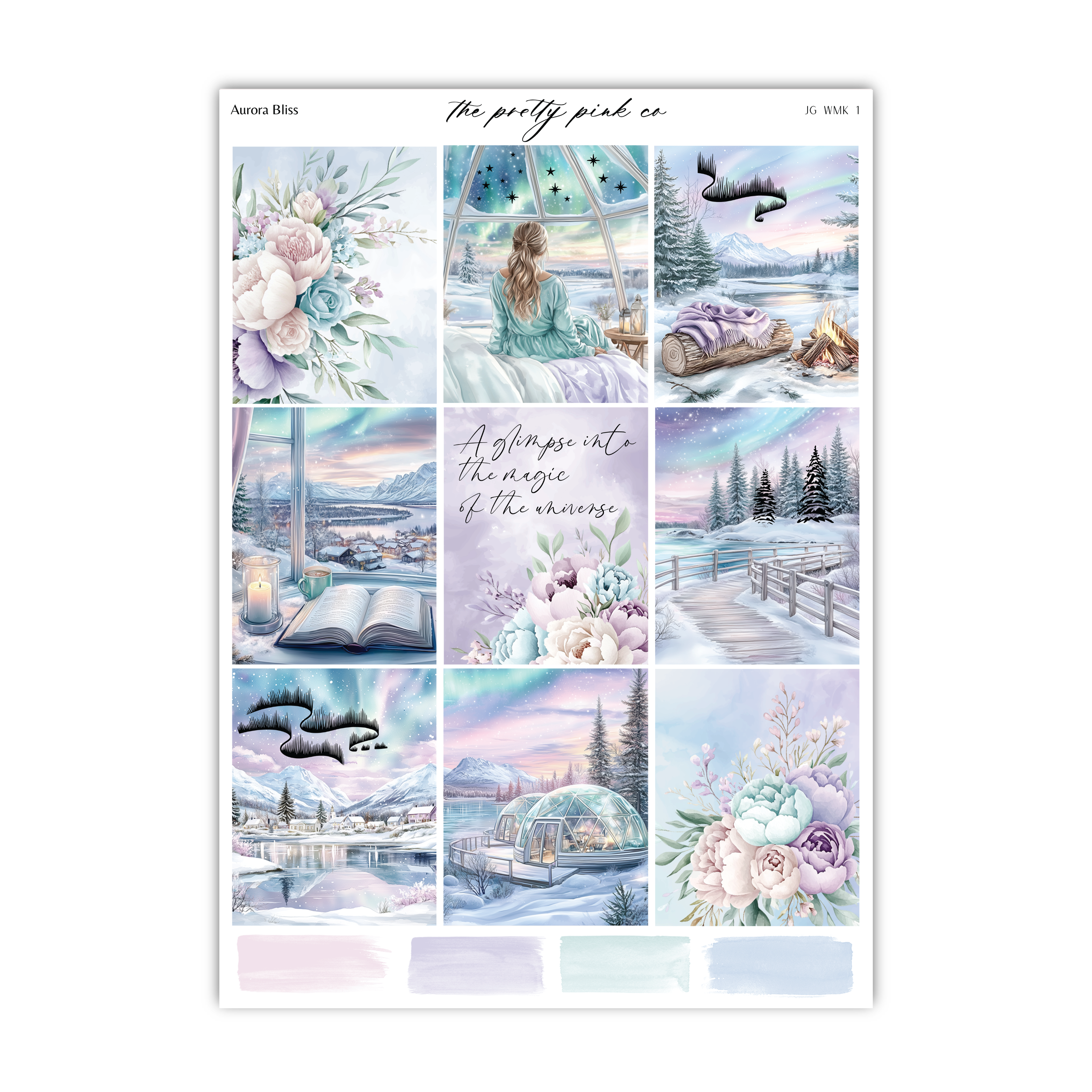 a sheet of stickers with a winter scene