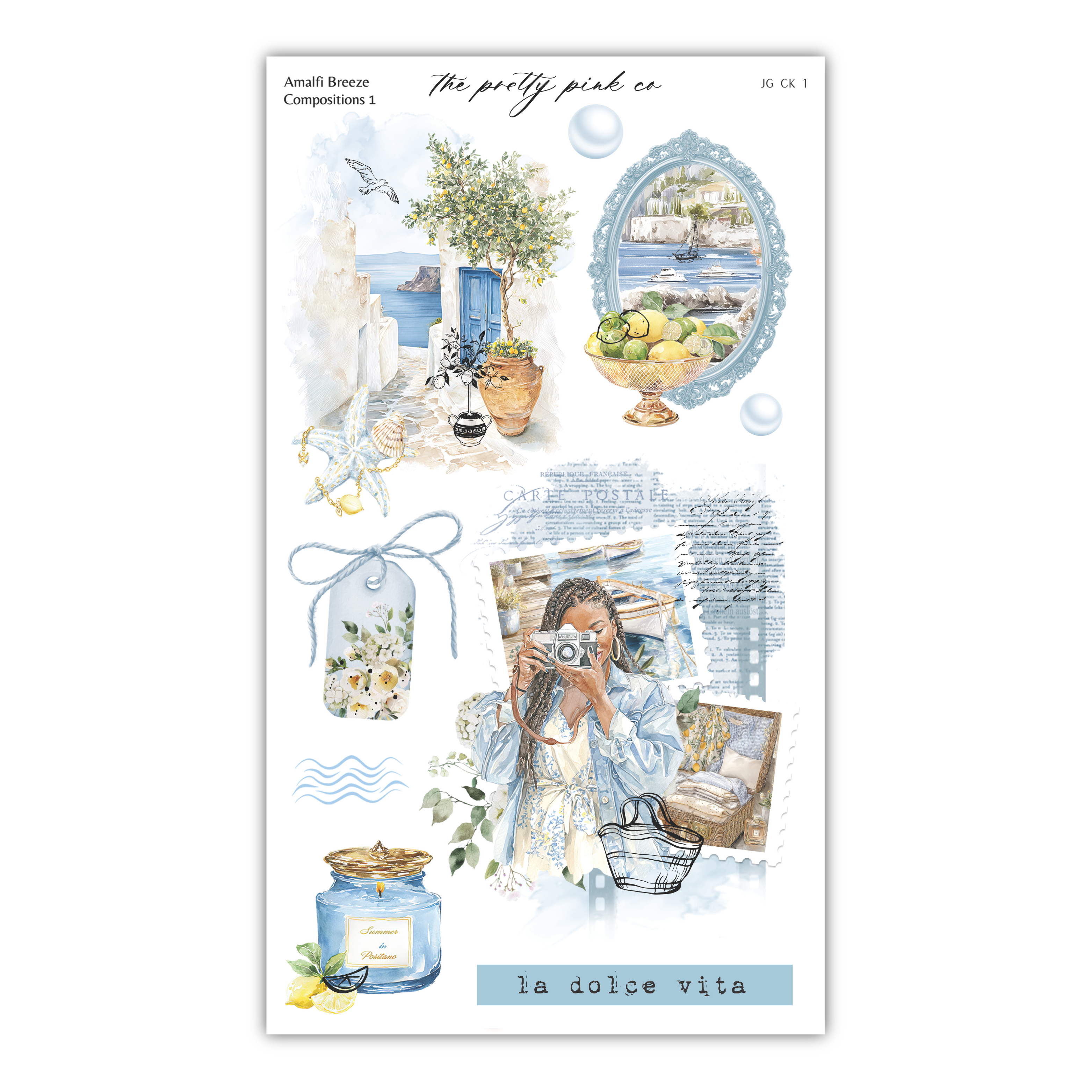 The image is a collage of various elements, including a woman taking a photograph, a blue vase, a bird, a bowl of fruit, and a mirror. The collage is titled "La Dolce Vita" and includes the text "Amalfi Breeze Compositions 1" and "JK CG 1".