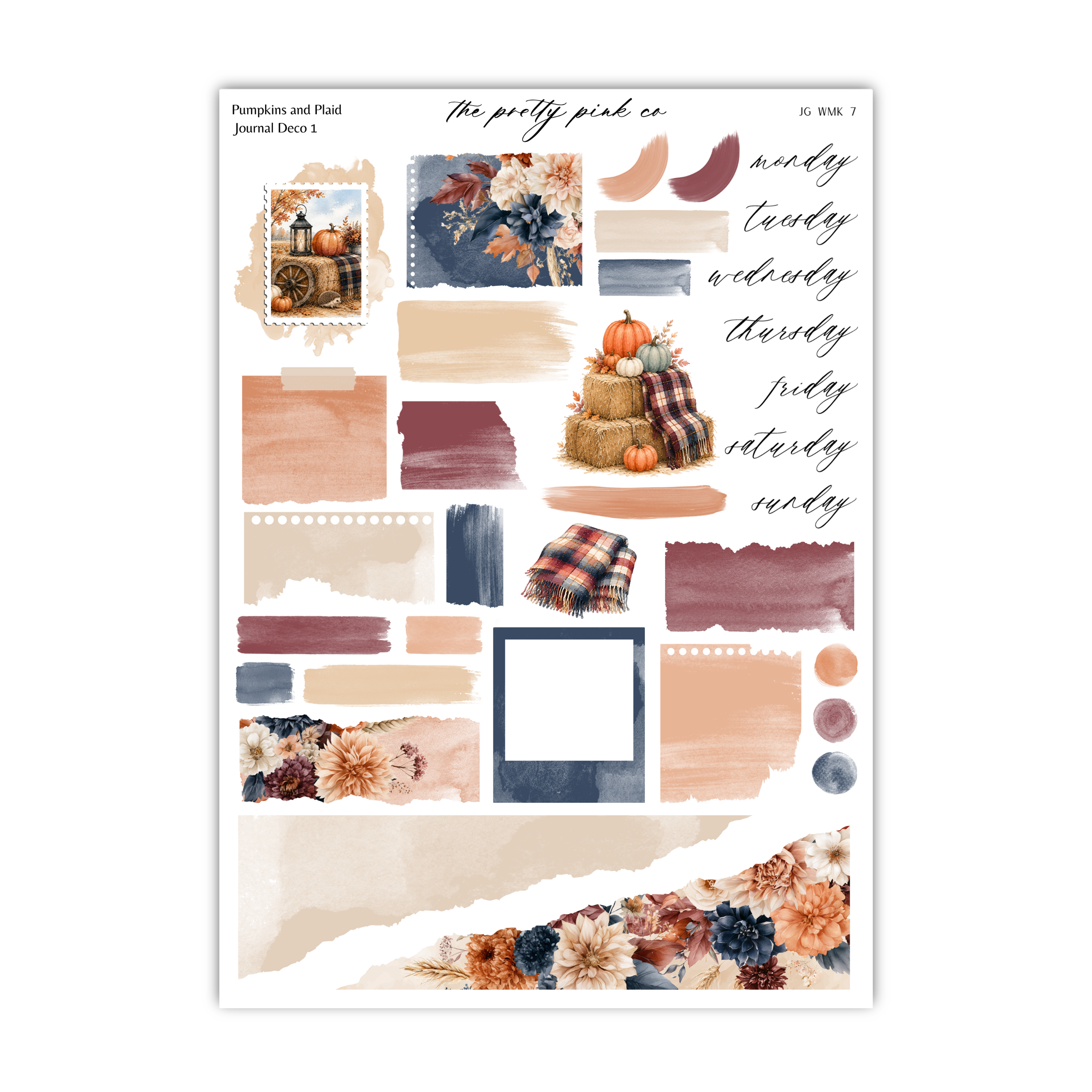 The image is a collage of various autumn-themed elements, including pumpkins, plaid blankets, and floral designs. The collage is organized into different sections, each featuring a different image or element related to the autumn theme. The image does not contain any text, and the descriptions provided are concise and focused on the visual content of the collage.