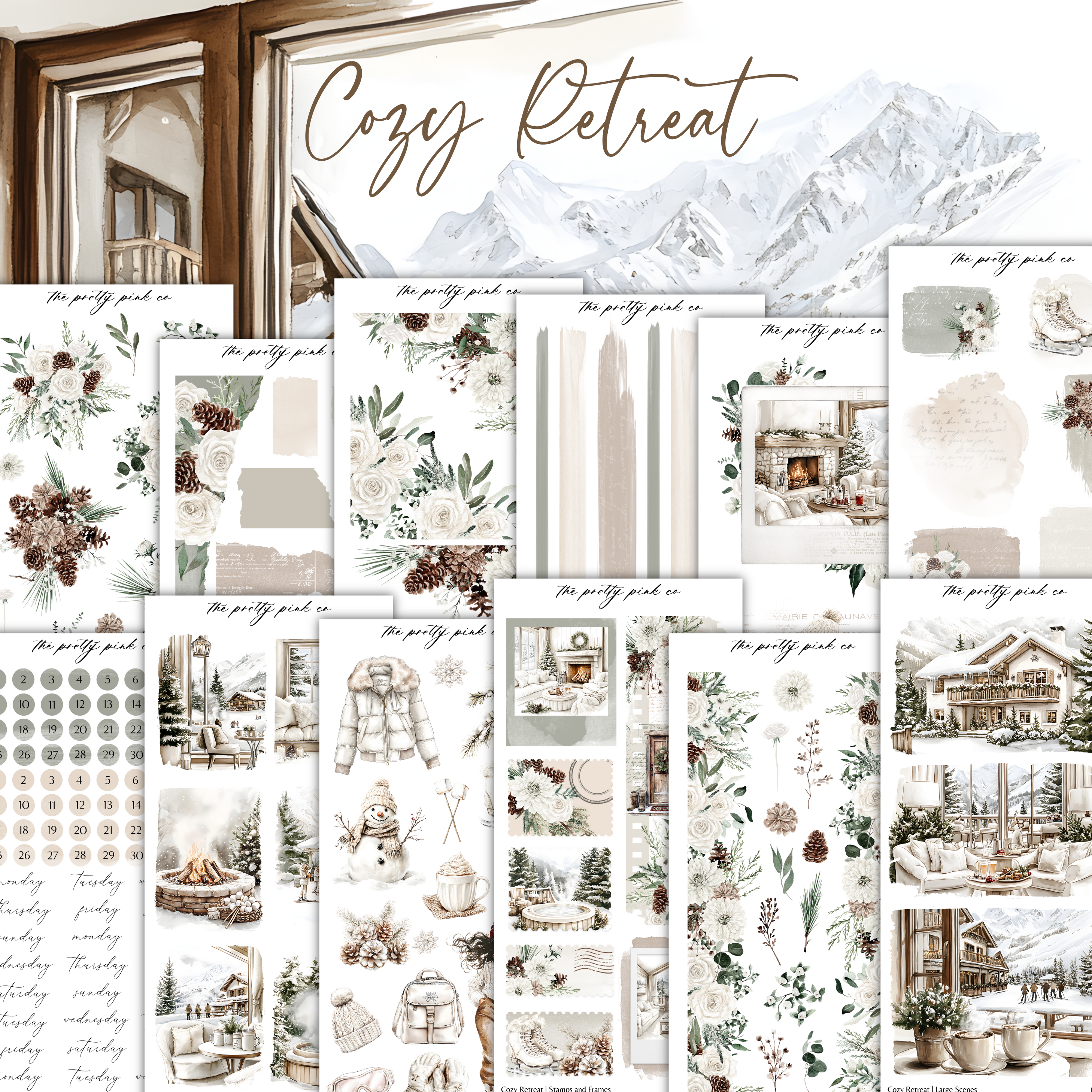 a collage of christmas cards with a snowy mountain in the background