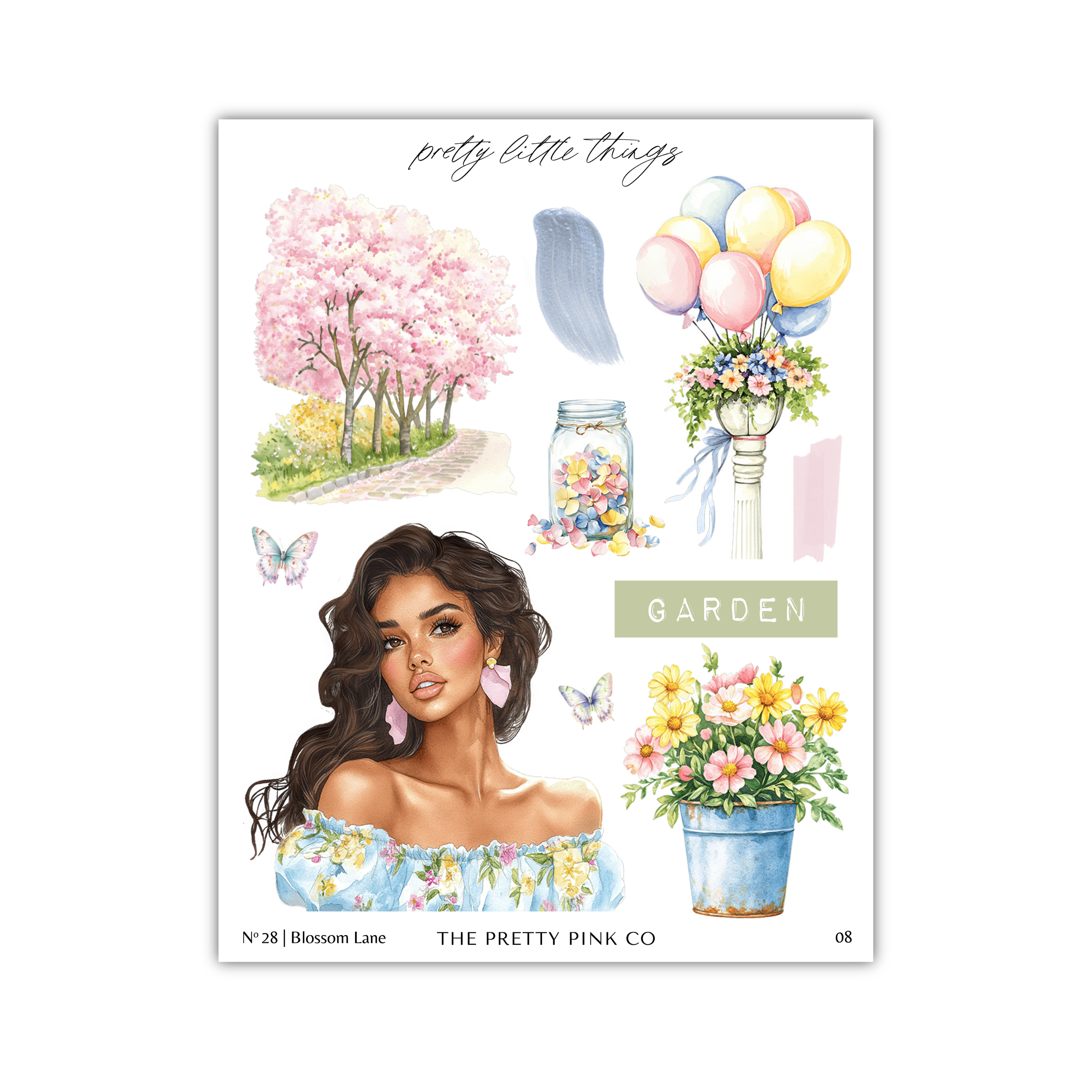 The image is a collage of various elements related to a garden, including a woman, flowers, balloons, and a path.