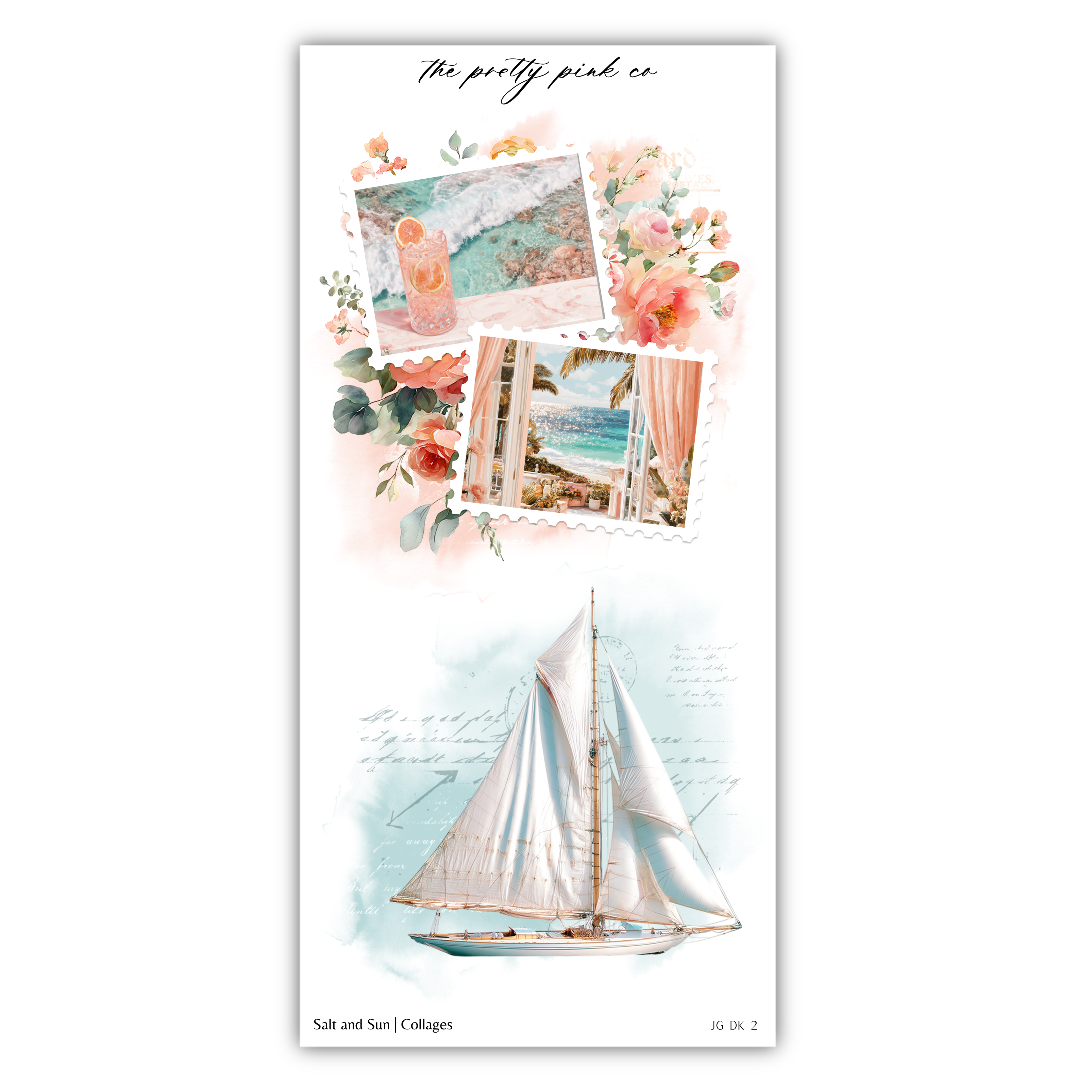 The image is a collage of three pictures, including a sailboat, a floral scene, and a beach landscape.