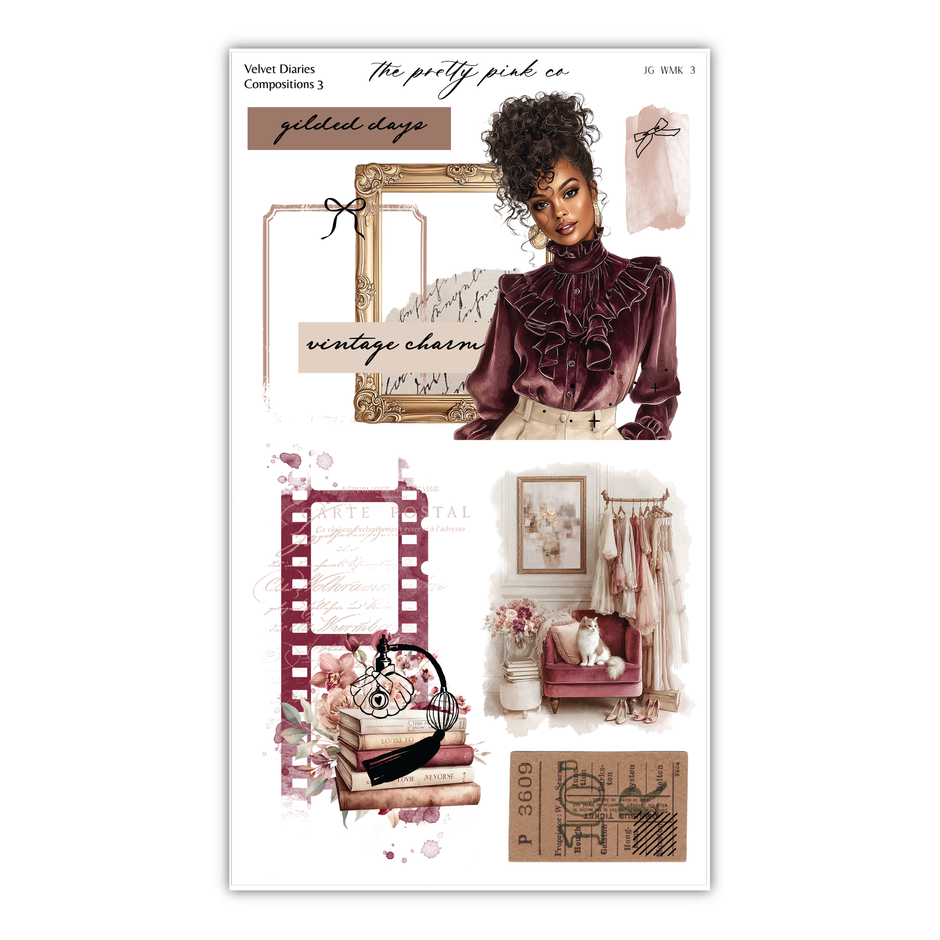 The image is a collage of various elements, including a woman in a vintage-style dress, a film reel, a stack of books, and a vase with flowers. The collage appears to be a creative and artistic representation of a vintage-inspired theme.