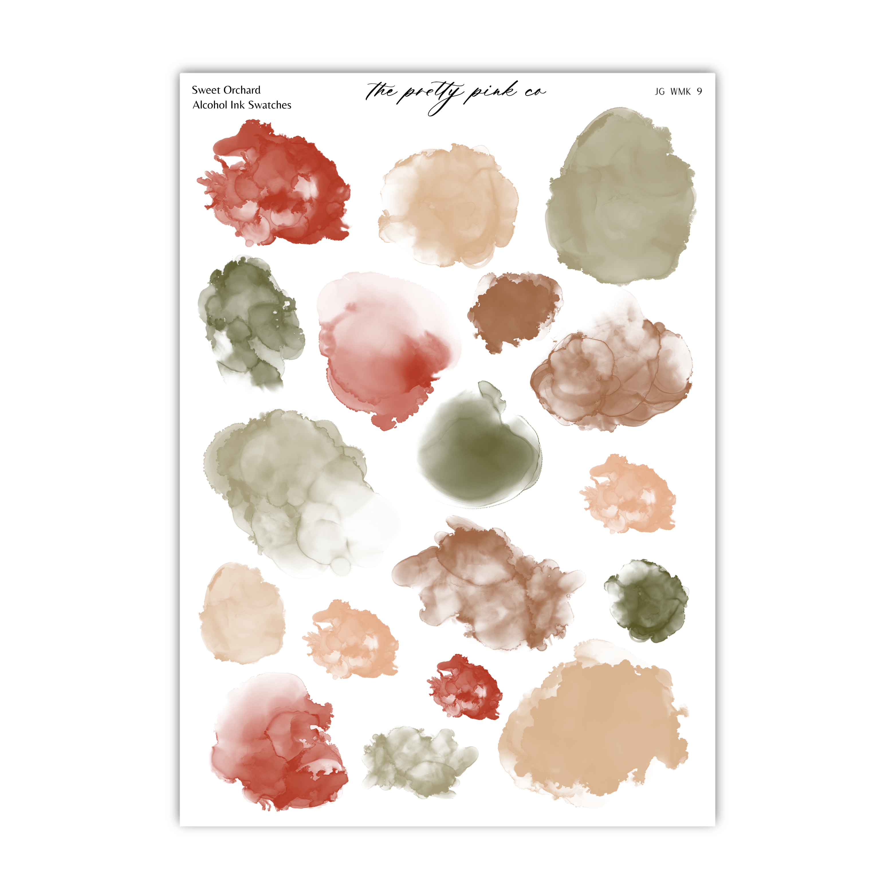 a collection of abstract watercolor brushstrokes in various colors, including red, green, and brown, arranged in a grid-like pattern.