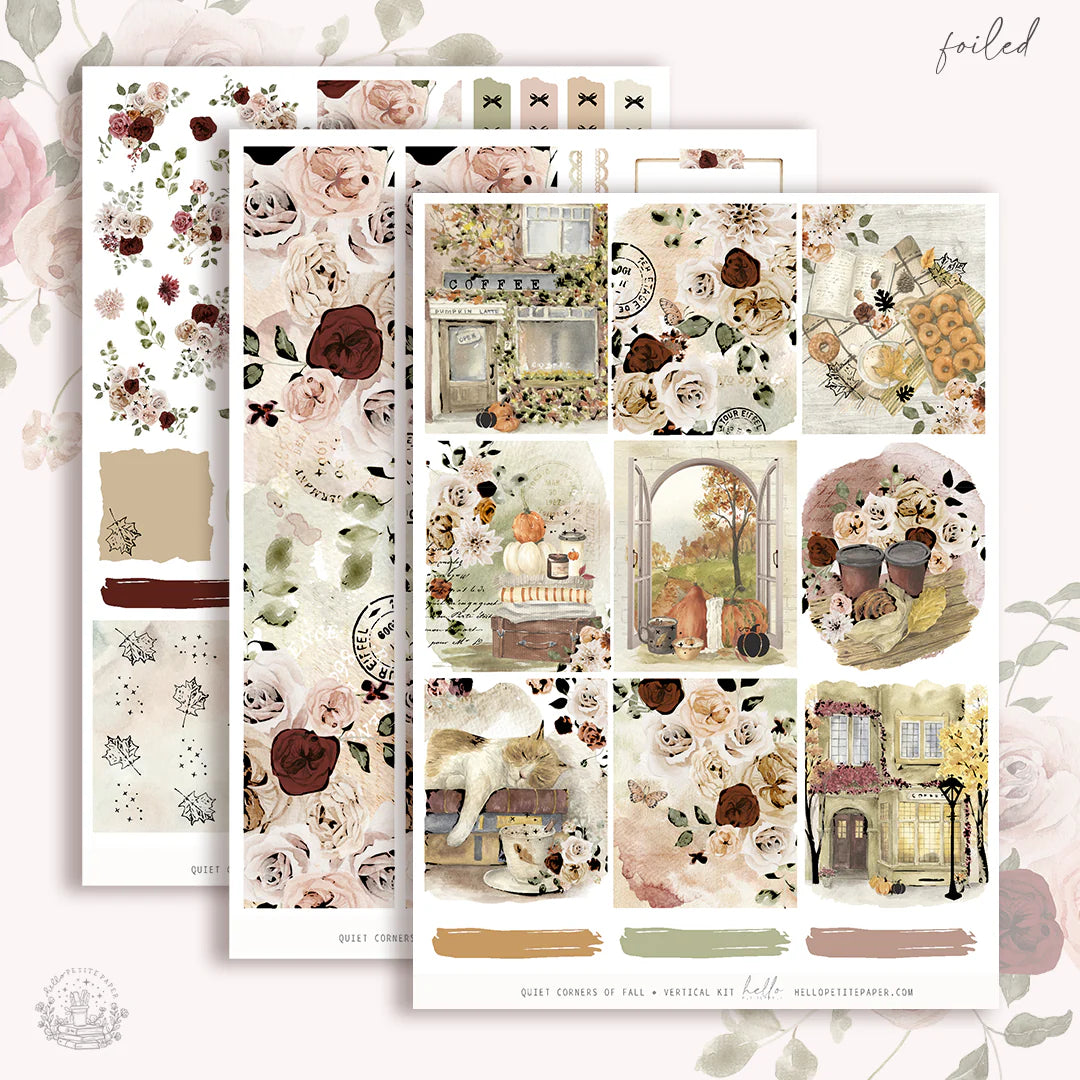 The image is a collage of various floral and autumn-themed images, including flowers, pumpkins, and a building with a window.