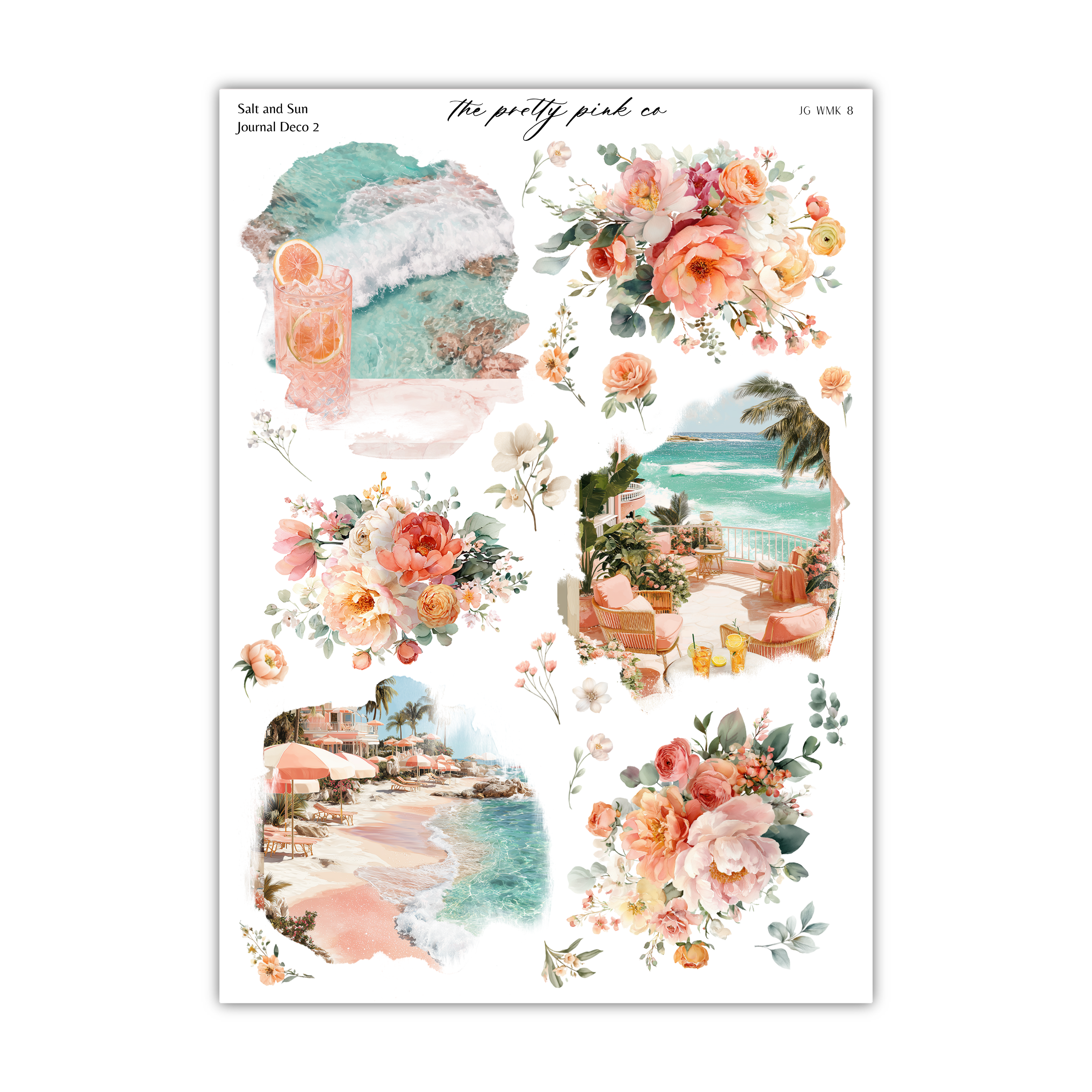 The image is a collage of various floral and beach-themed images, including flowers, palm trees, and beach scenes.
