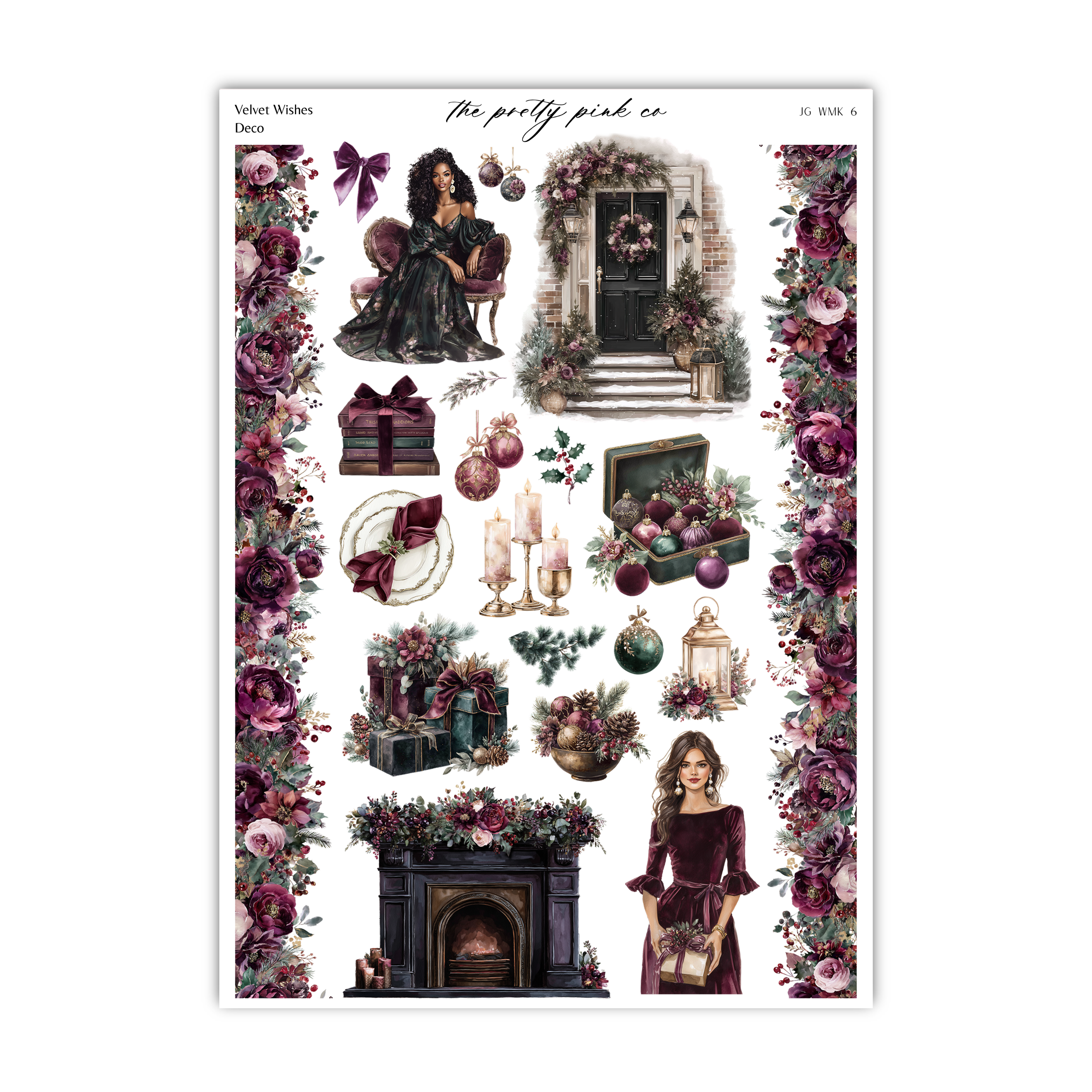 The image is a collage of various decorative elements, including a woman in a black dress, a wreath, a fireplace, and other festive items, all set against a background of purple flowers.