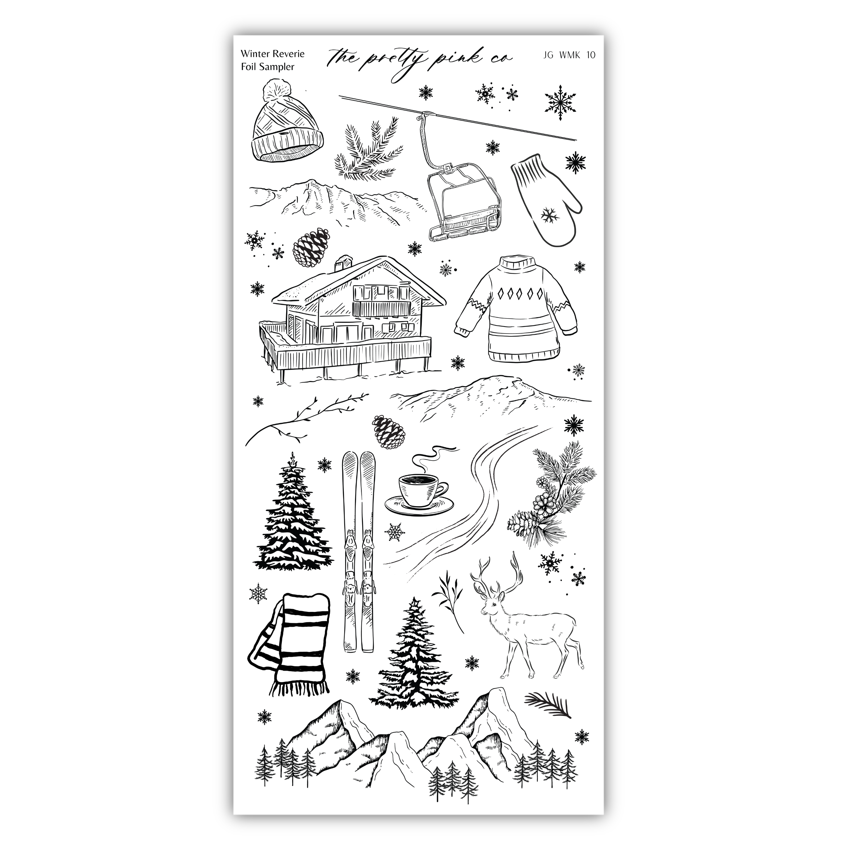 various winter-themed illustrations, including a ski lift, a cabin, a snowman, a hot beverage, a reindeer, pine trees, and mountains.