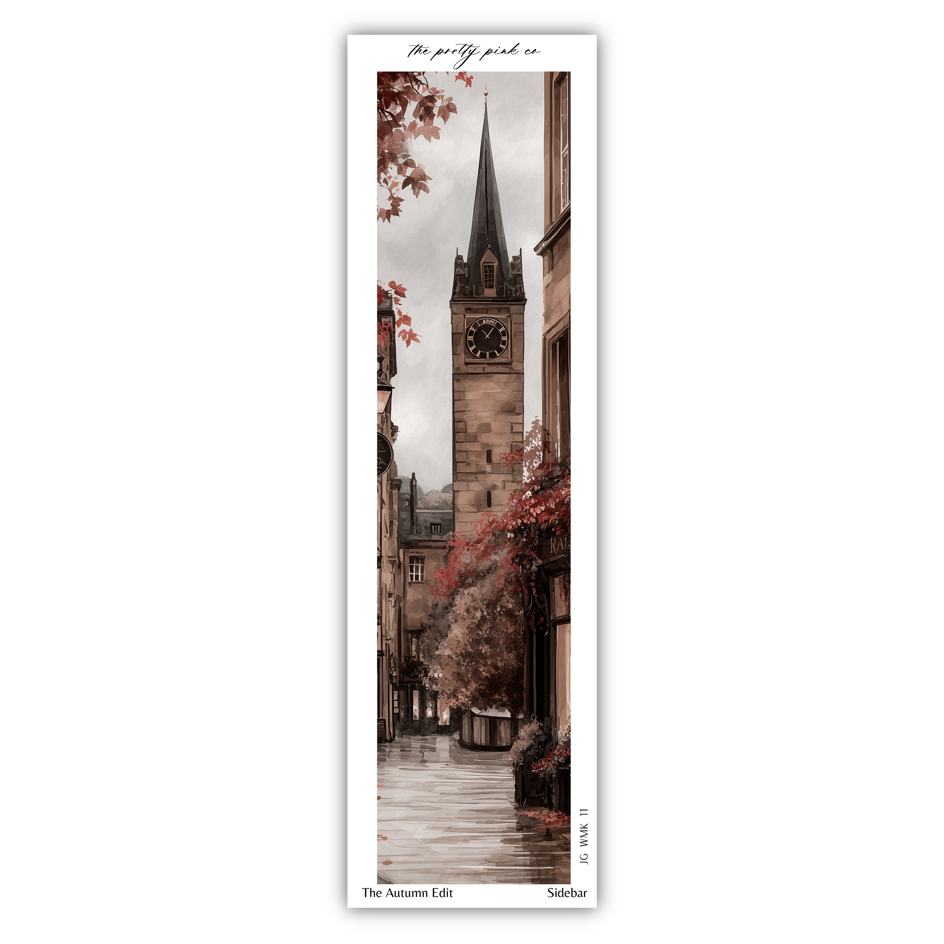 a picturesque autumn scene with a clock tower, trees with red leaves, and a wet street reflecting the overcast sky.