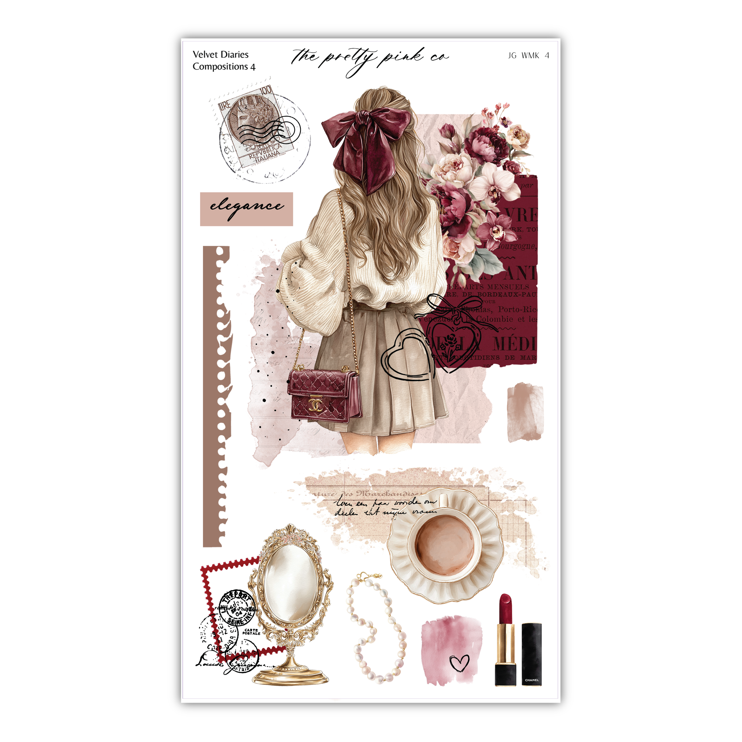 The image is a collage of various fashion and beauty-related elements, including a woman with long hair, a bow, flowers, makeup, and accessories.