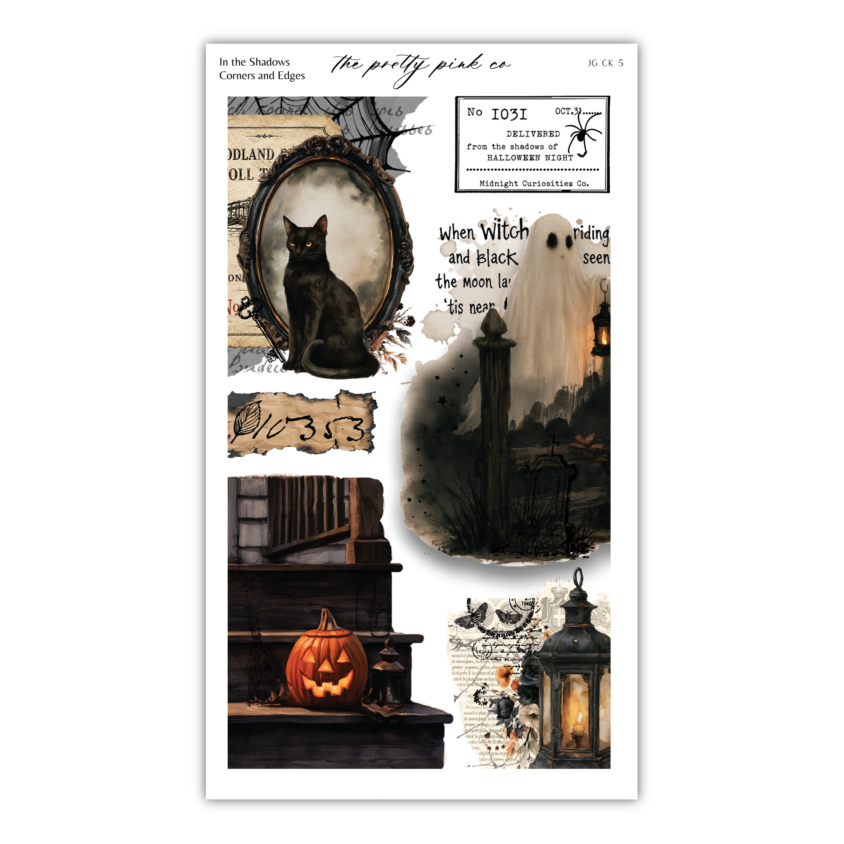 The image is a collage of Halloween-themed elements, including a black cat, a carved pumpkin, a spider web, and a lantern.