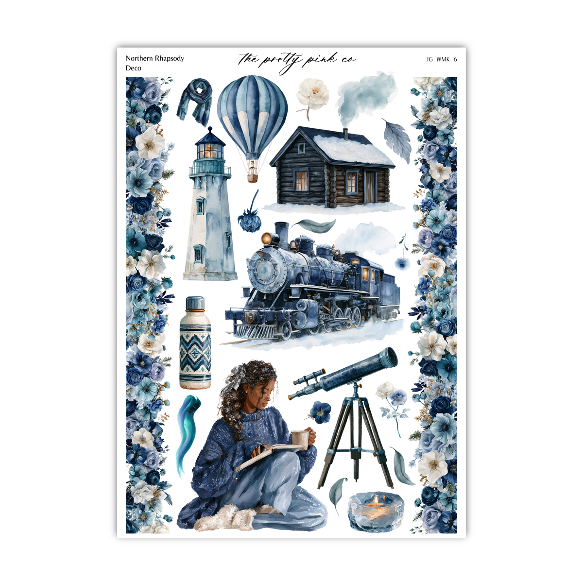 The image is a collage of various objects and scenes, including a lighthouse, a train, a woman reading a book, a hot air balloon, a house, a telescope, and a bouquet of flowers. The collage is framed by a border of blue and white flowers, creating a visually appealing and harmonious composition.