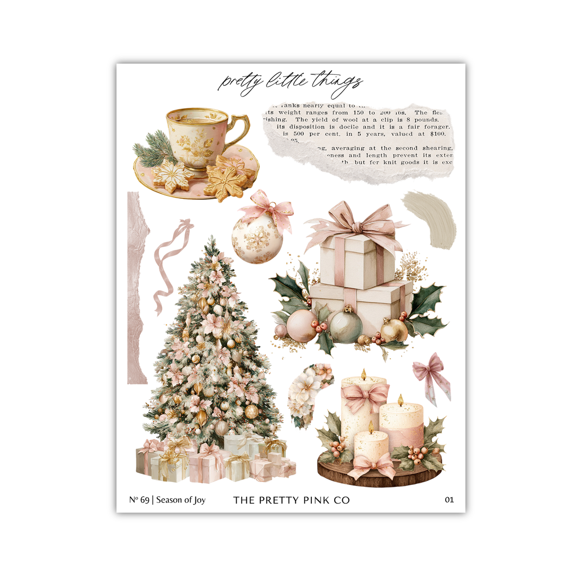 The image is a collage of various Christmas-themed items, including a Christmas tree, presents, candles, and other decorations.