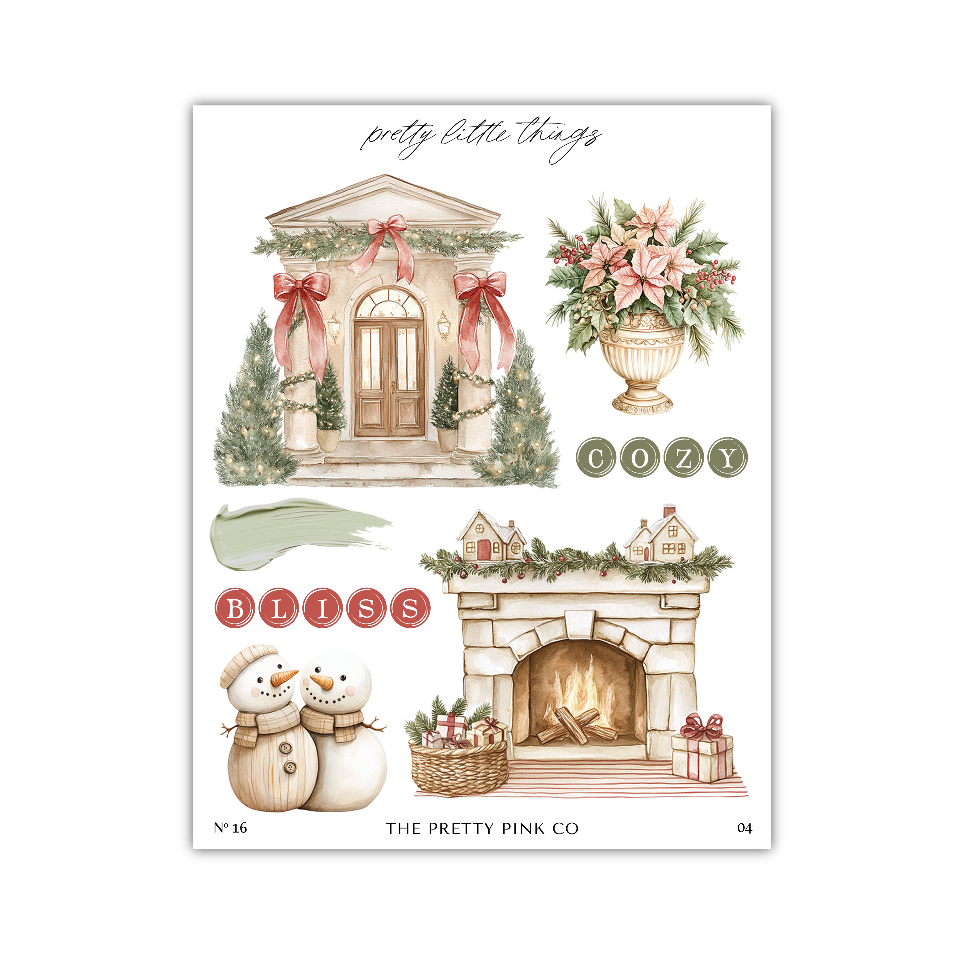 The image is a collage of various Christmas-themed illustrations, including a building with a wreath, a vase of flowers, a fireplace, snowmen, and a cozy house.