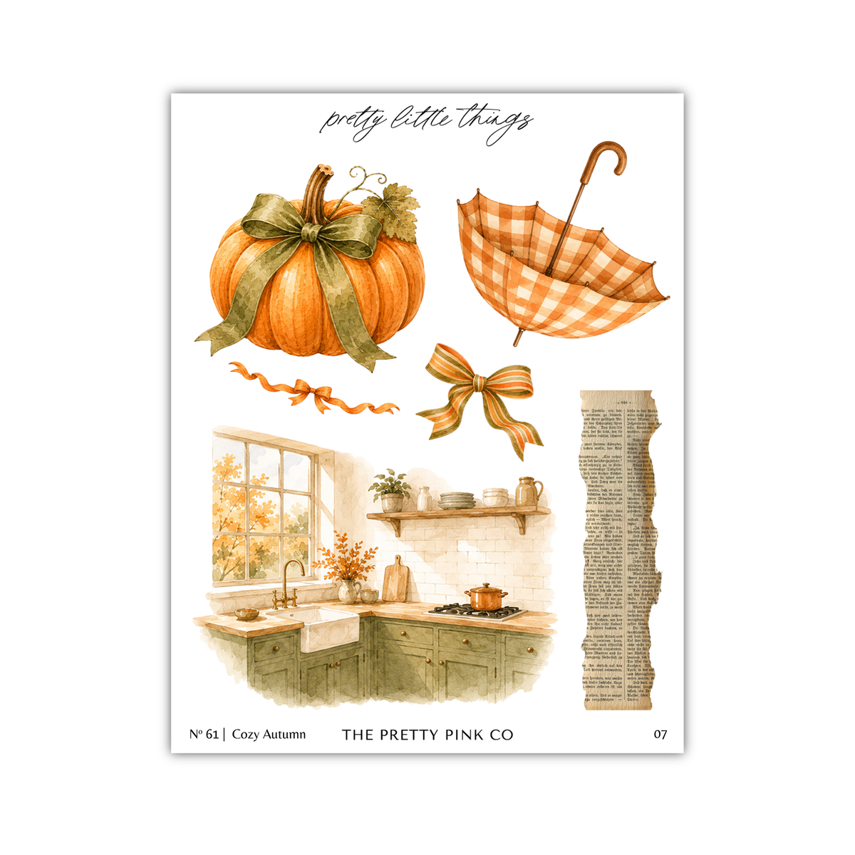 The image is a collage of various autumn-themed elements, including a pumpkin, an umbrella, a window, a shelf, and a plant. The collage is titled "Pretty little things" and features illustrations of a cozy autumn scene.
