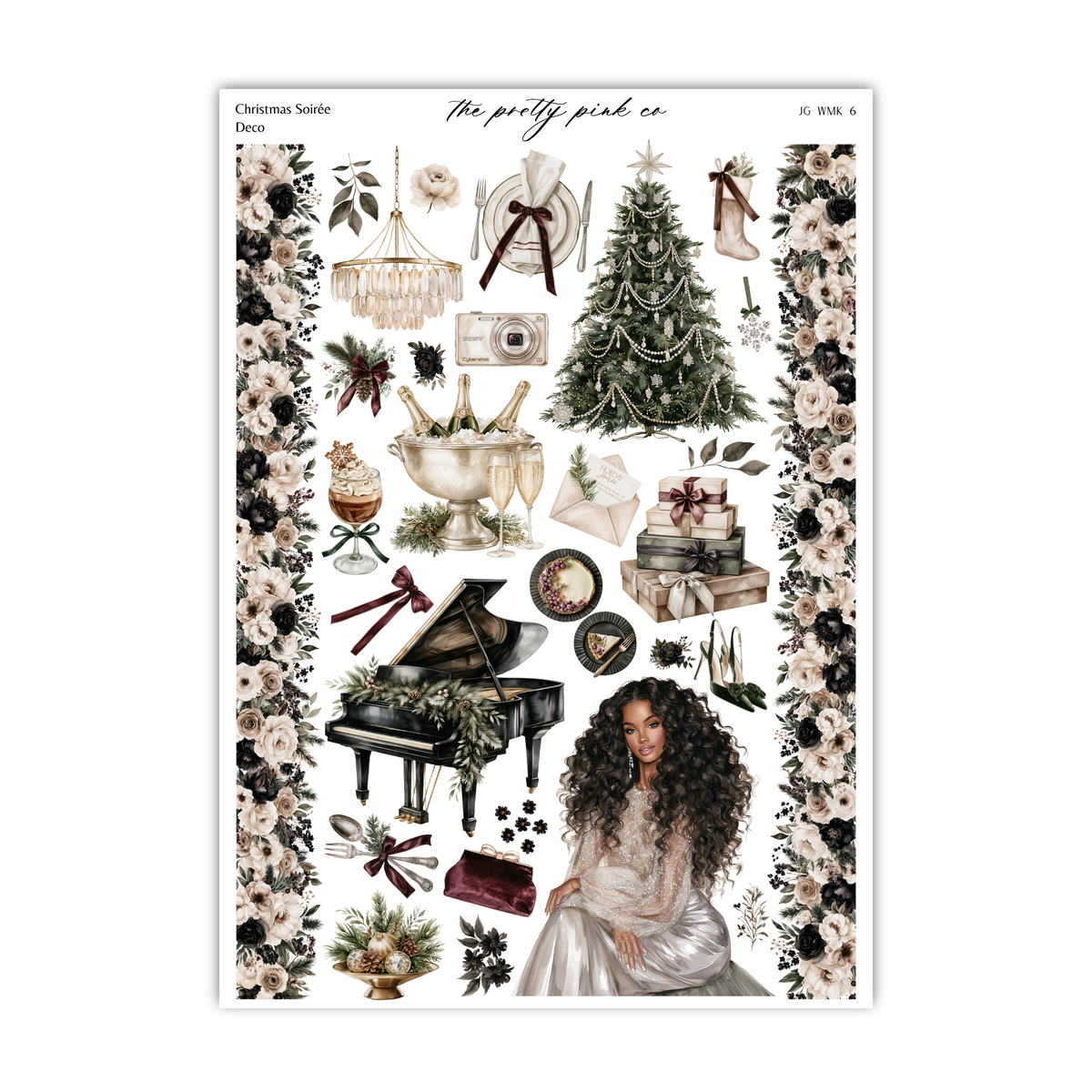 a sheet of stickers with a woman and christmas decorations