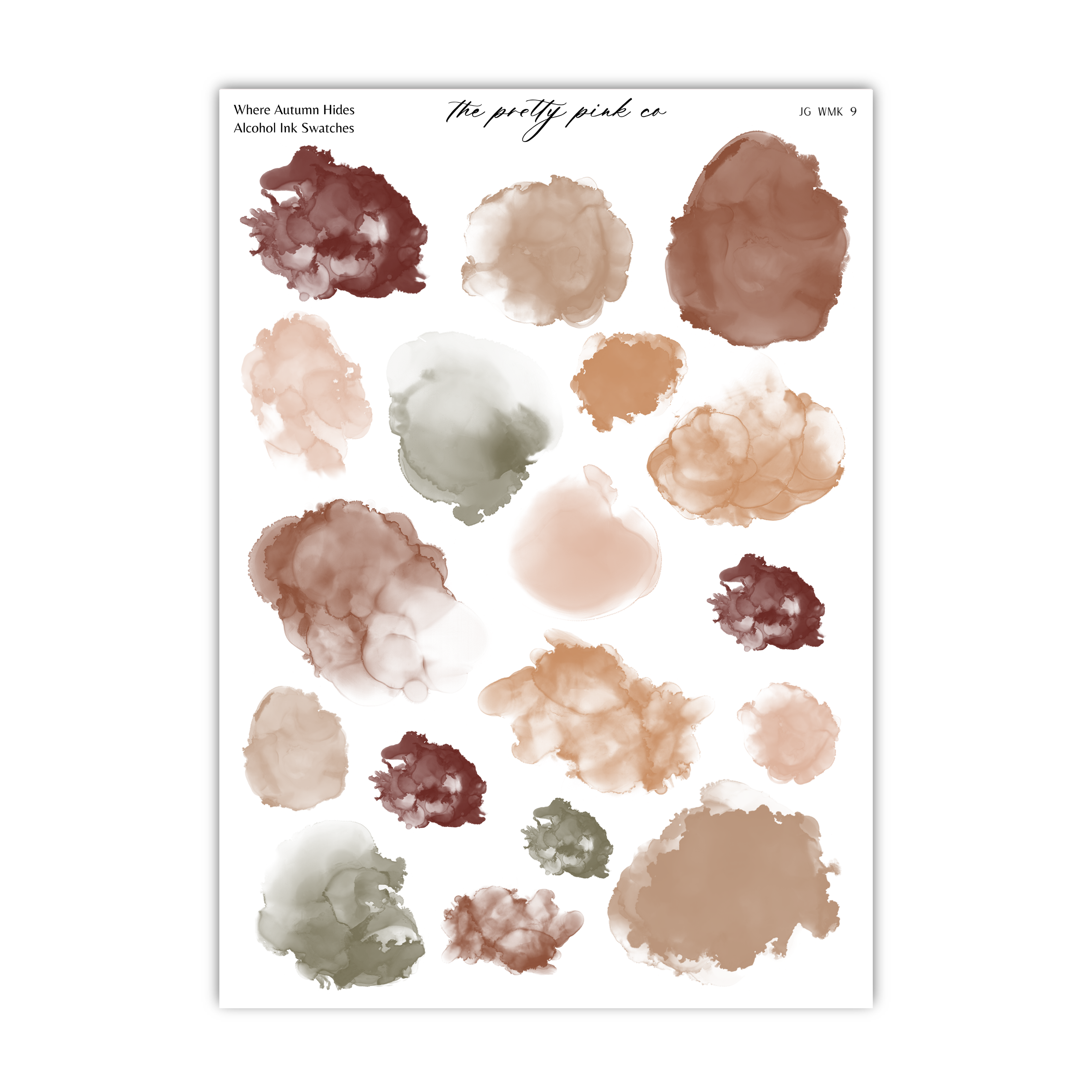 a collection of abstract watercolor-style splatters in various shades of brown, beige, and green, arranged in a grid-like pattern.