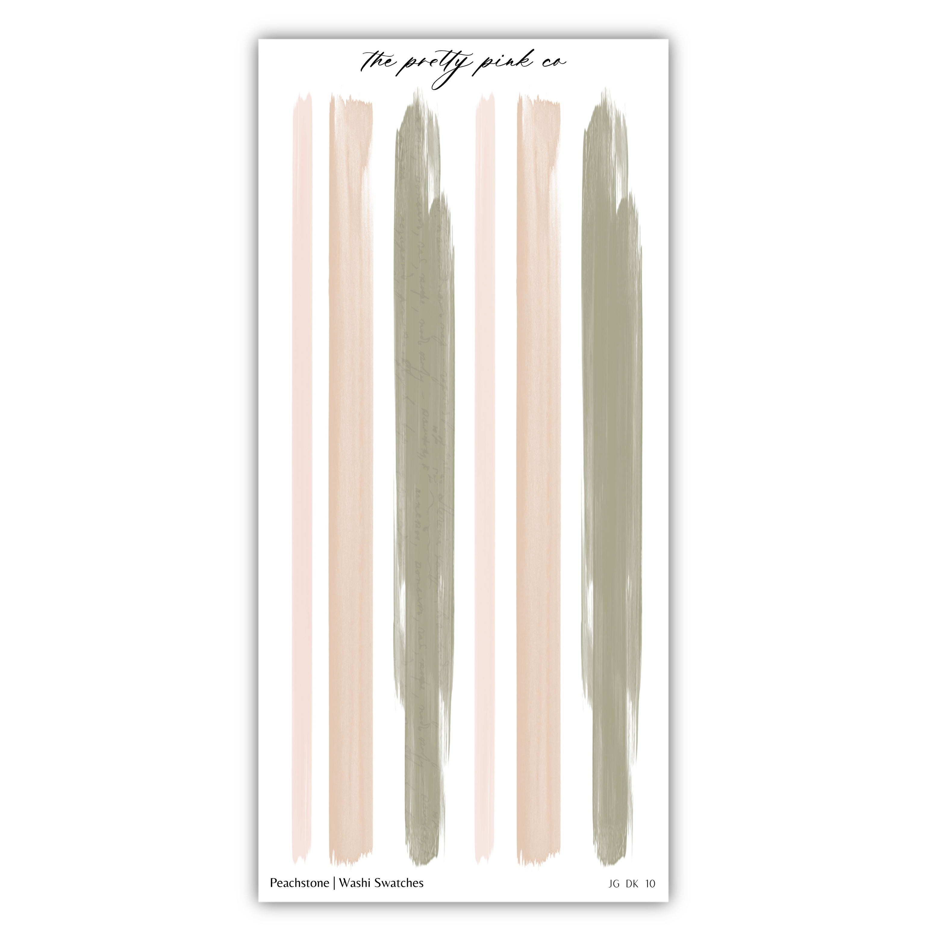 The image is a collage of abstract brushstrokes in various colors, including pink, green, and beige, arranged in a vertical line.