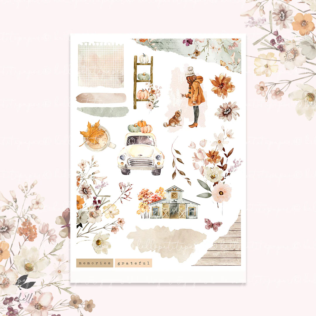 The image is a collage of various autumn-themed elements, including a person, flowers, pumpkins, a car, and a barn. The collage is set against a pink background, and the phrase "memoriesgrateful" is written in the bottom right corner.