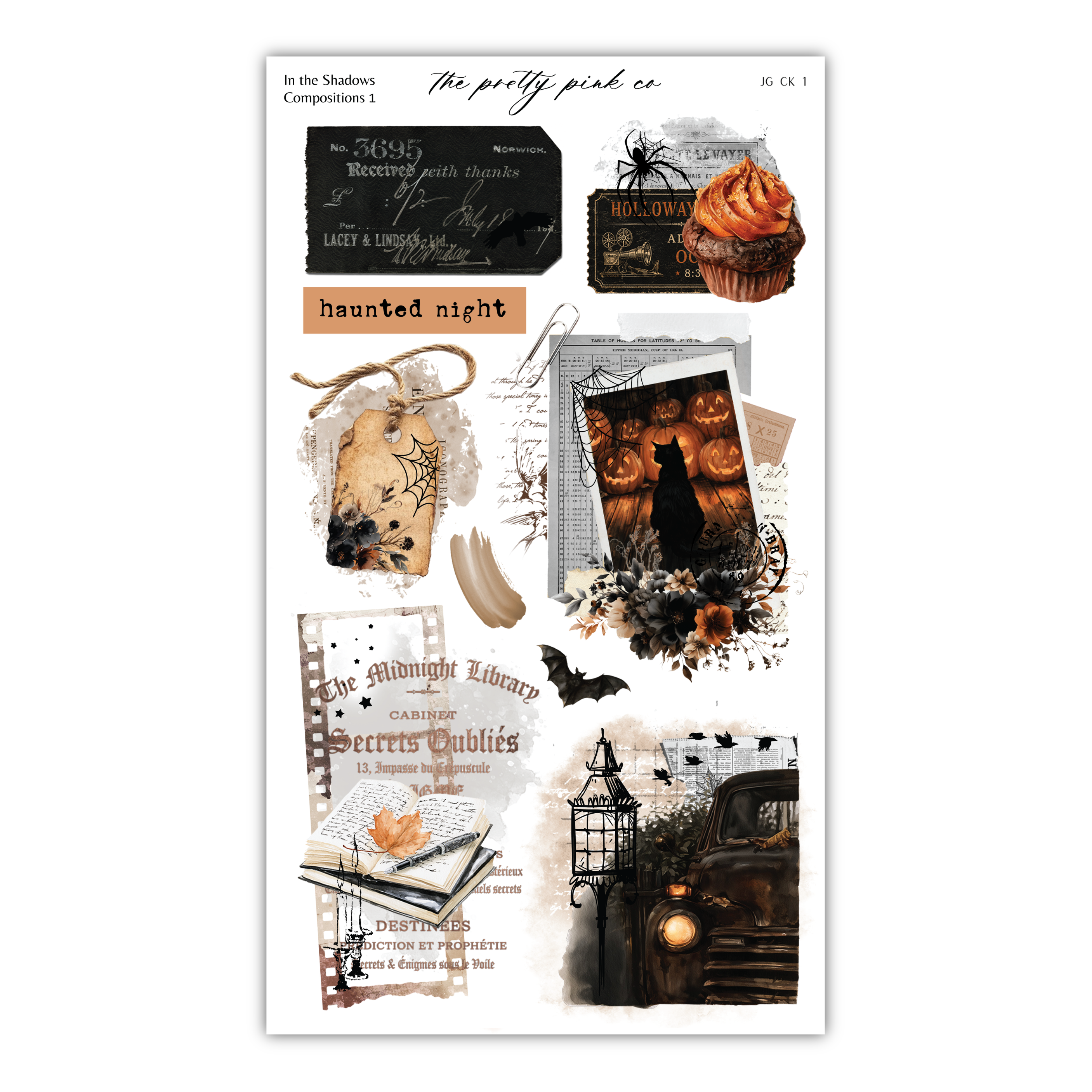 The image is a collage of Halloween-themed items, including a cupcake, spider, pumpkin, and other spooky elements, as well as a book and a car.