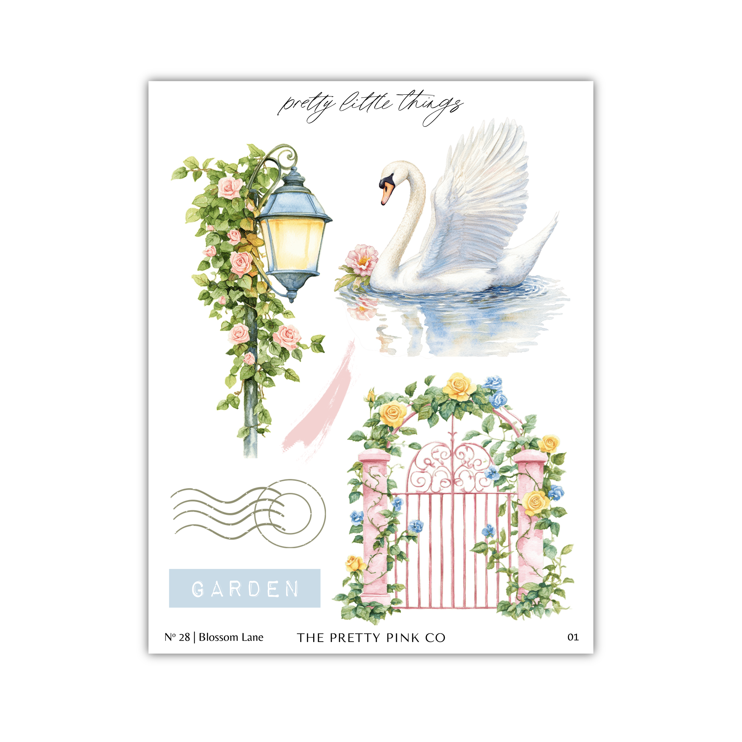 The image is a collage of various artistic elements, including a swan, a lamp, a gate, and flowers, all set against a white background.