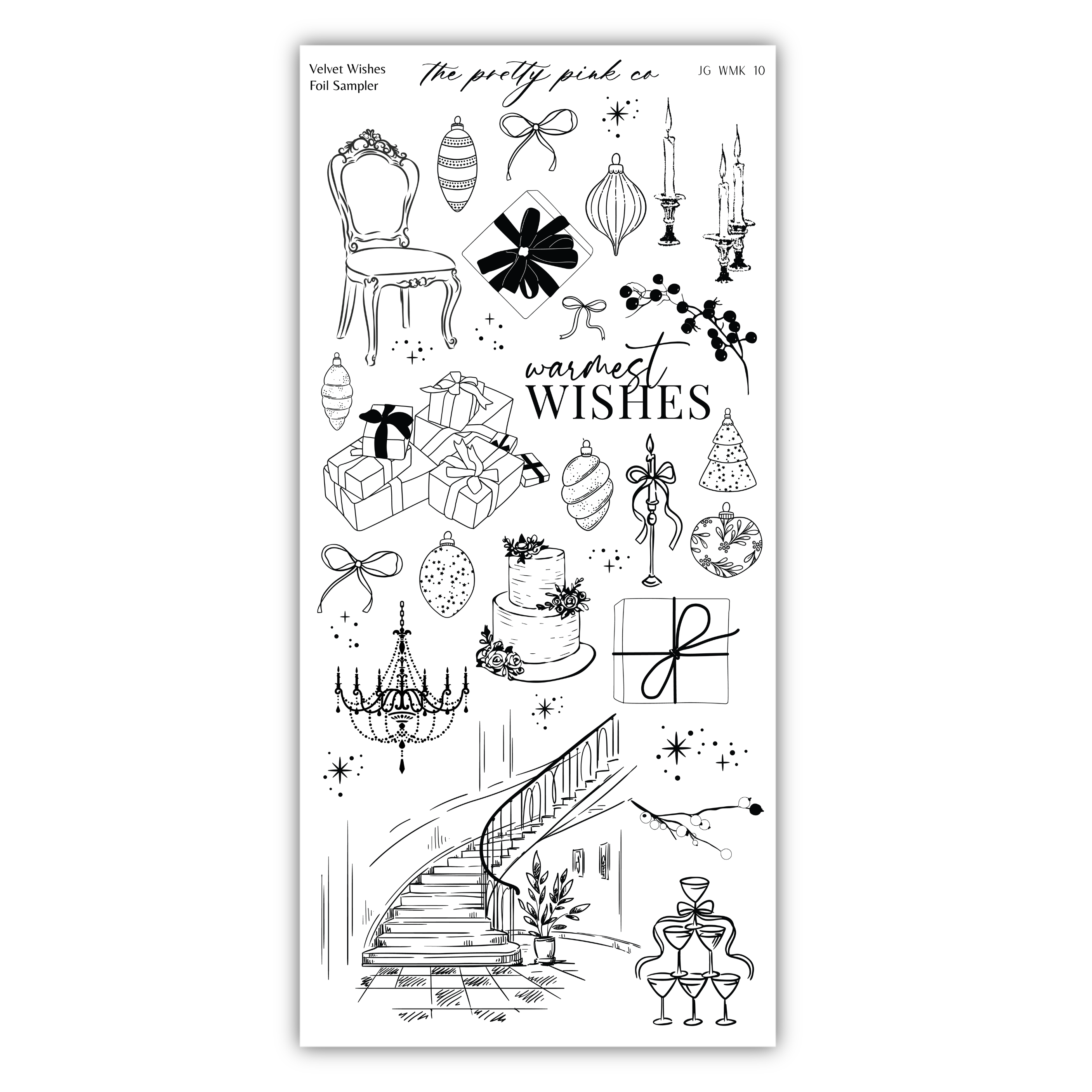 various decorative elements and objects, such as a chair, a staircase, a vase, and other holiday-themed items, all depicted in a black and white style.