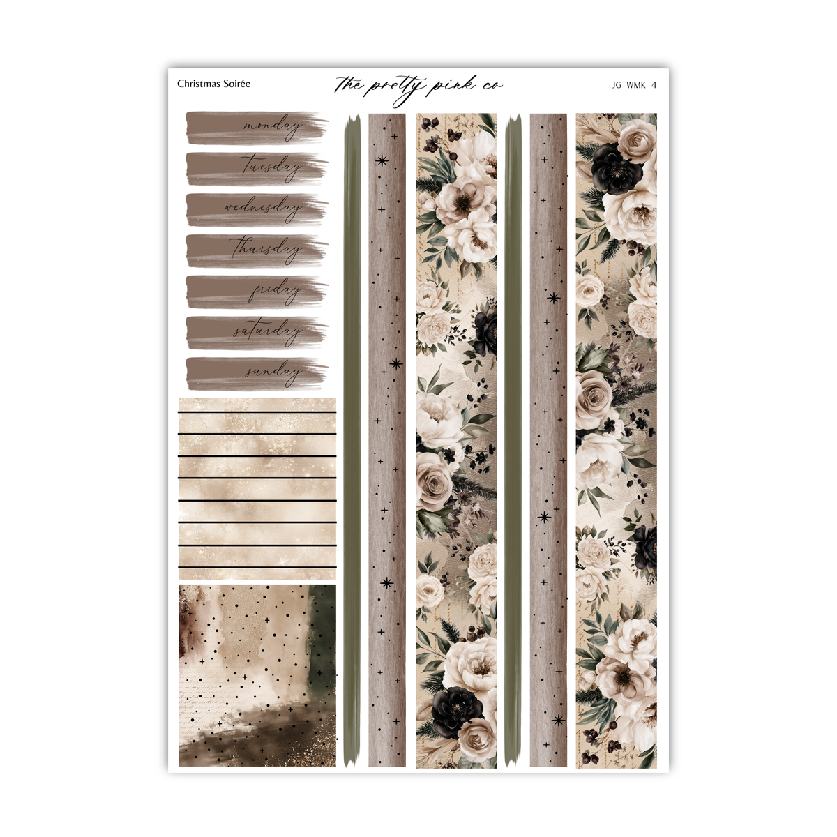 The image is a collage of various elements, including a floral pattern, a list of days of the week, and a textured background.