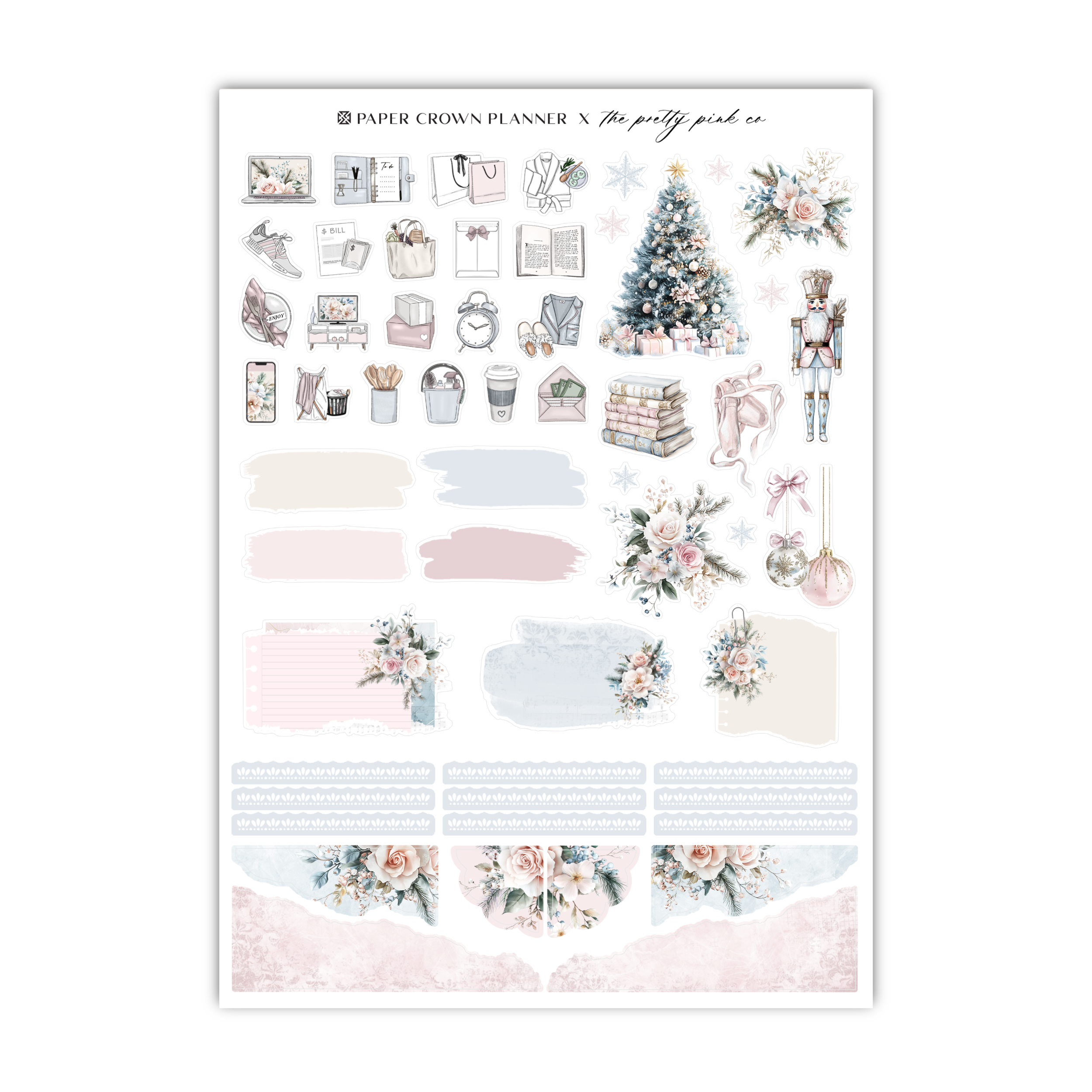 a sticker sheet with a christmas tree and decorations