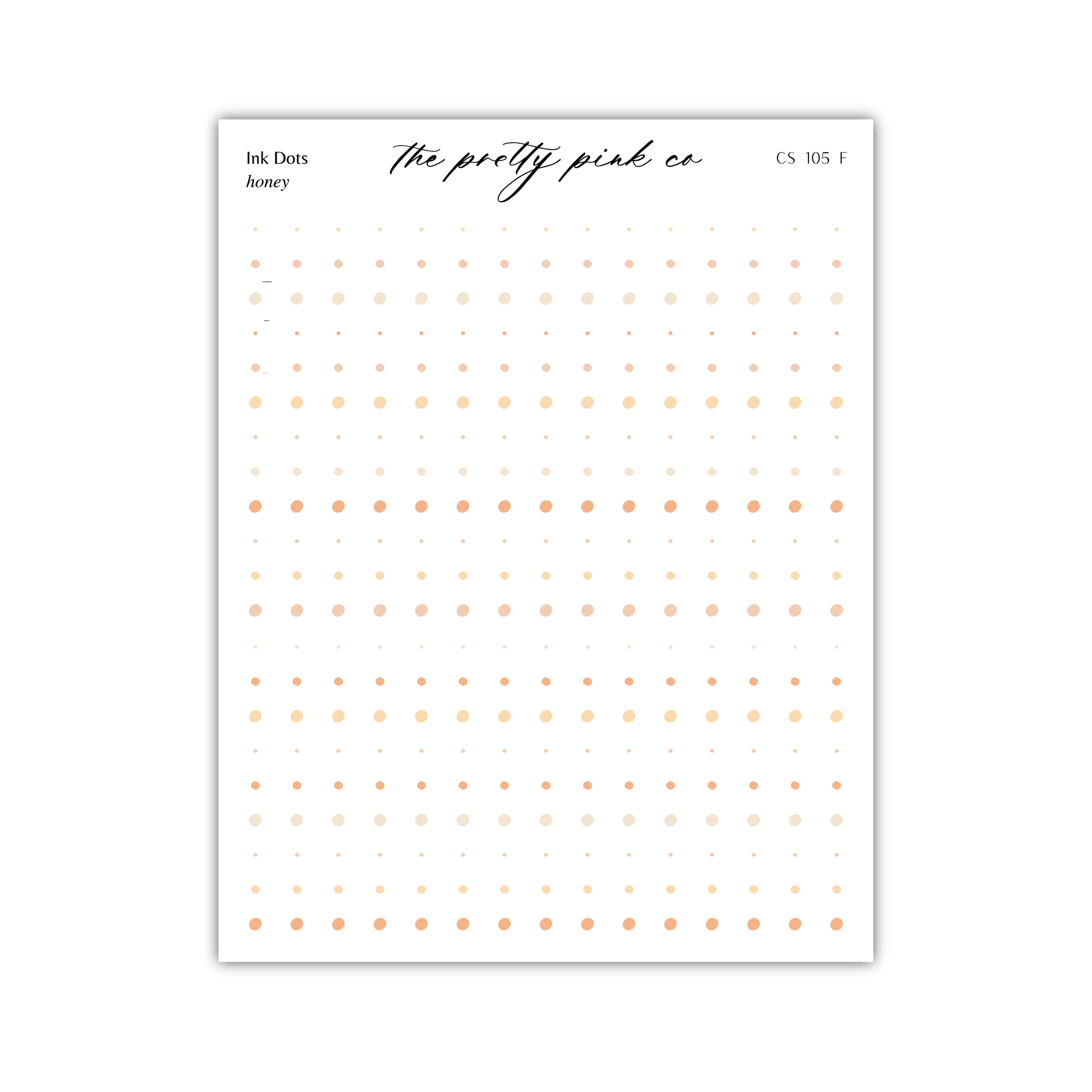 The image is a page from a notebook or binder with a repeating pattern of small dots in various shades of orange and white. The page is titled "ink dots honey" and includes the text "The pretty pink co" along with the number "CS 105 F".