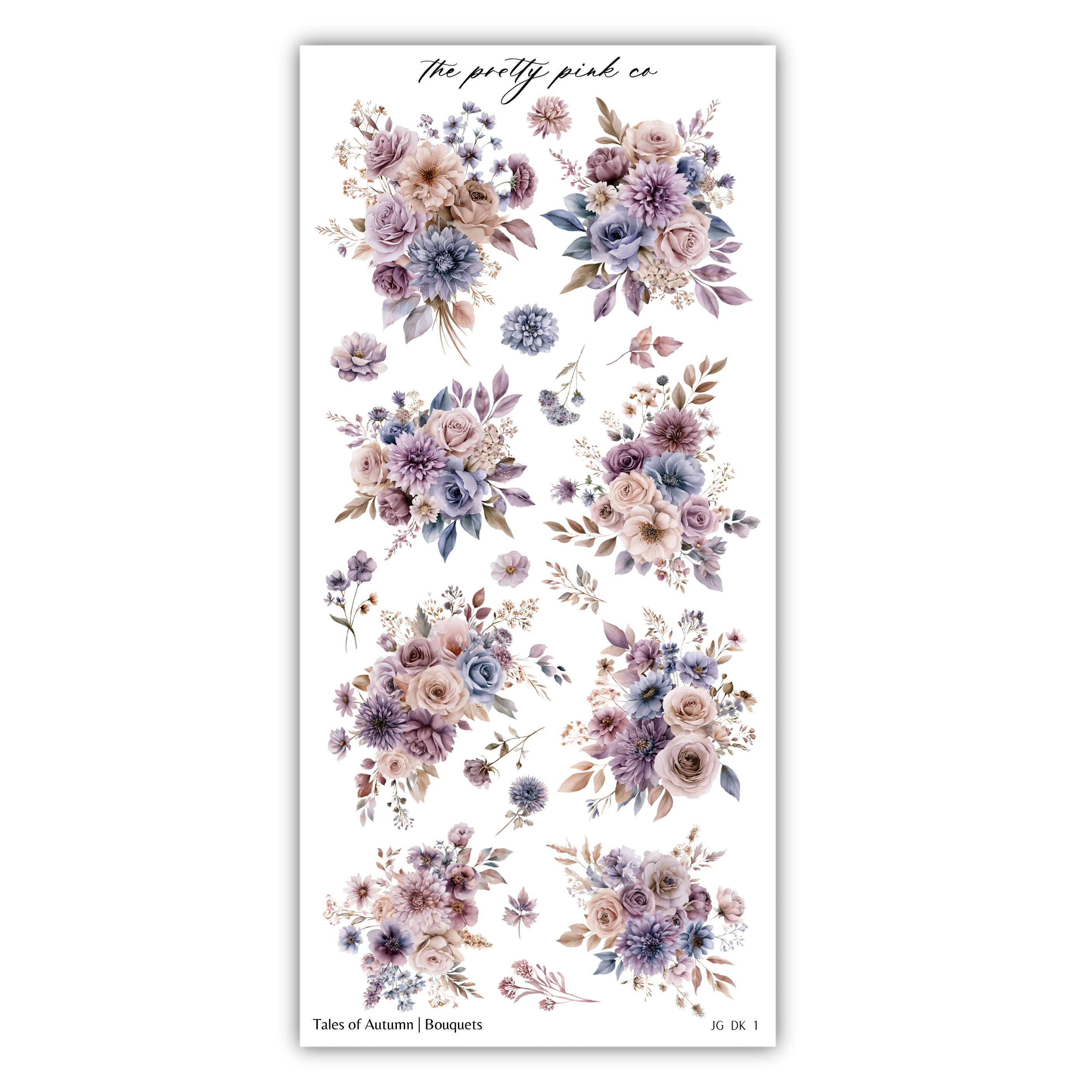 a collection of floral arrangements in various shades of purple, pink, and white, arranged in a grid-like pattern.