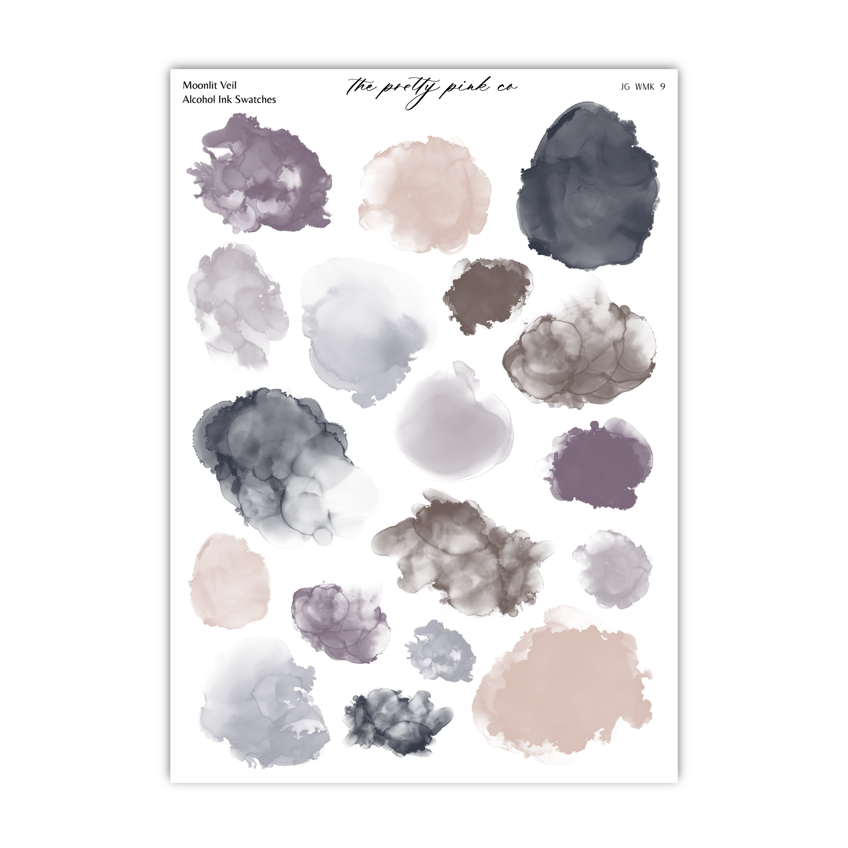 a collection of abstract watercolor brush strokes in various shades of purple, gray, and black, arranged in a grid-like pattern.