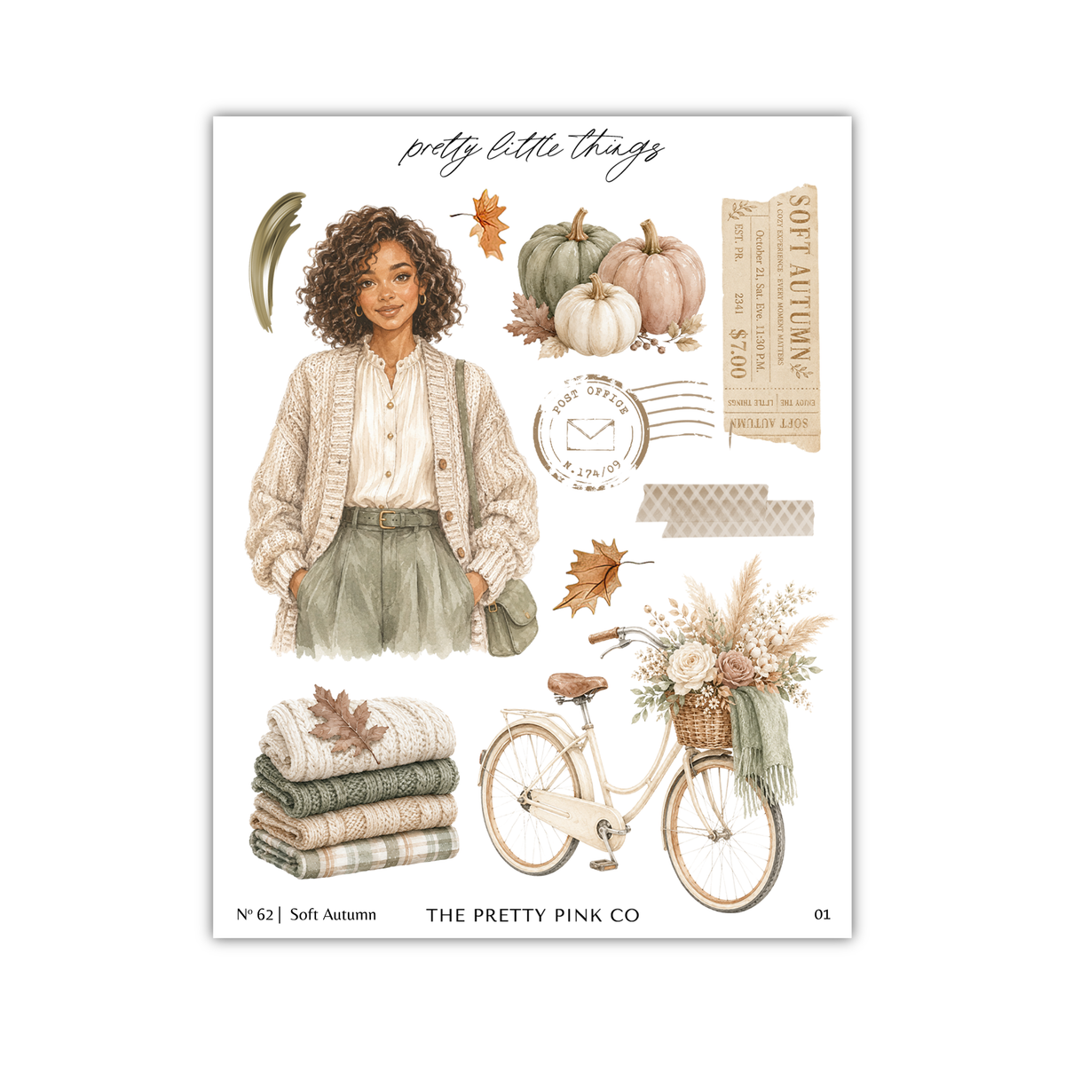 The image is a collage of various autumn-themed elements, including a woman, pumpkins, a bicycle, and other seasonal items.